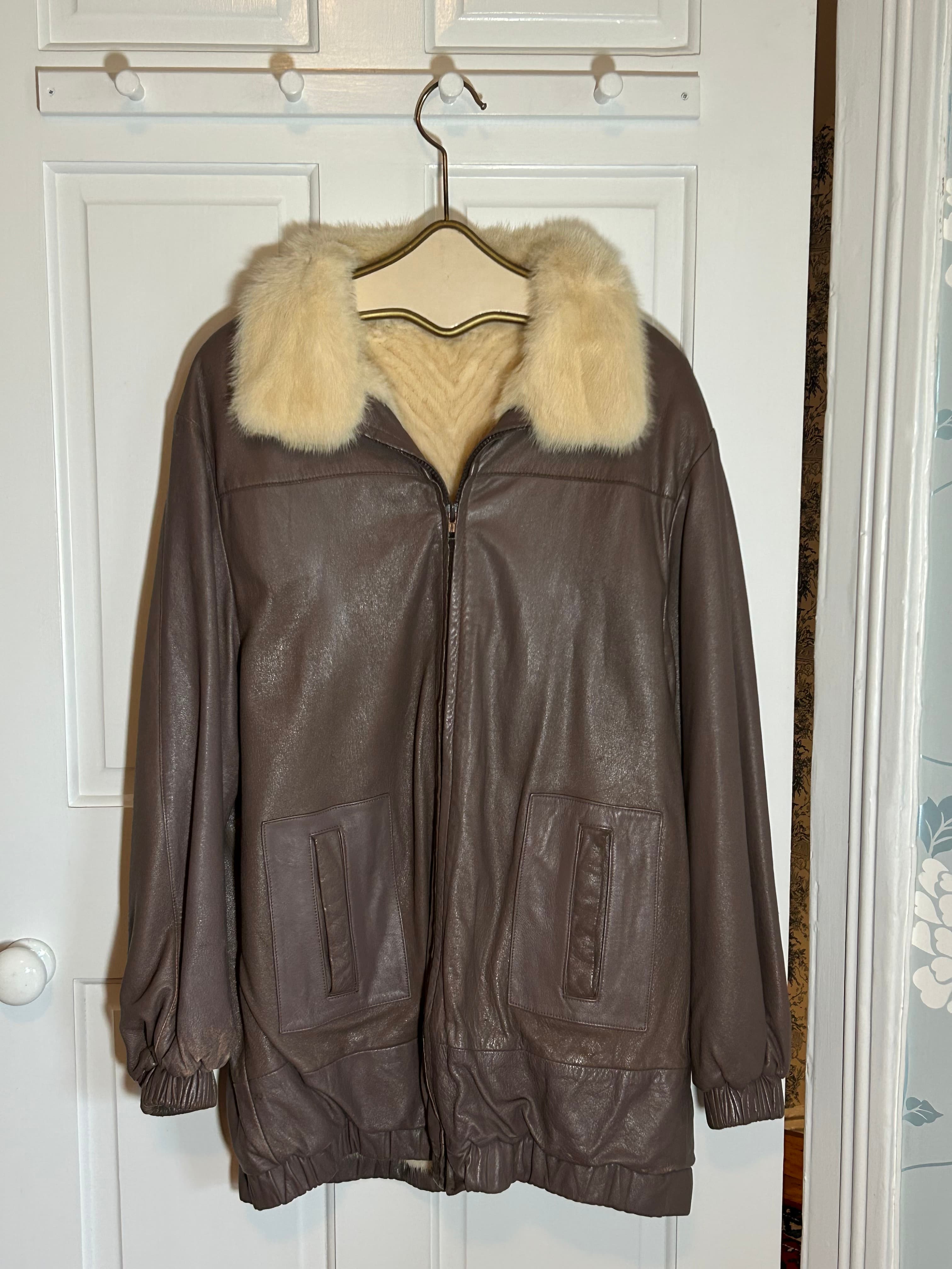 1980s Ivory Mink Lined Taupe Leather Jacket