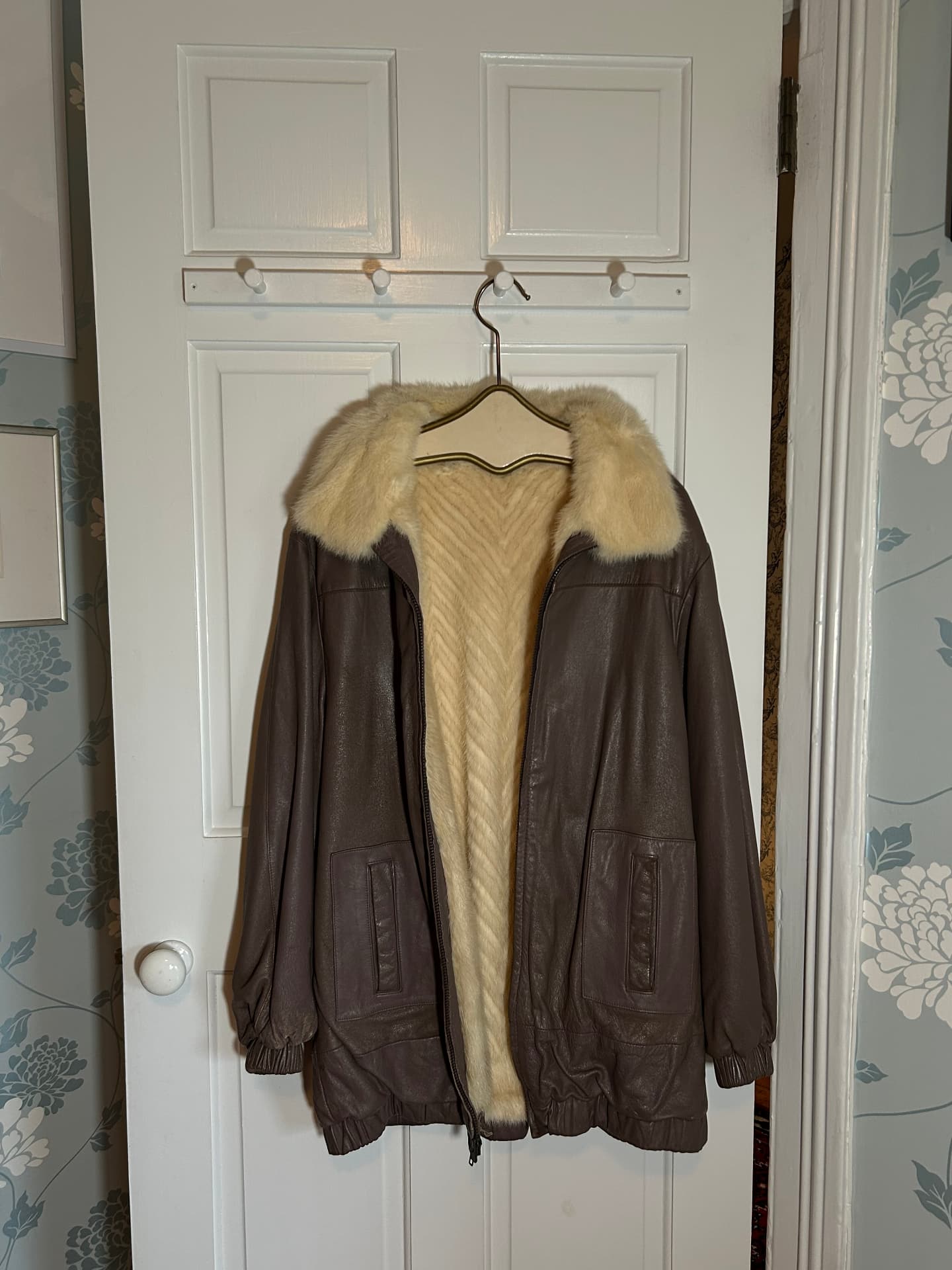 1980s Ivory Mink Lined Taupe Leather Jacket