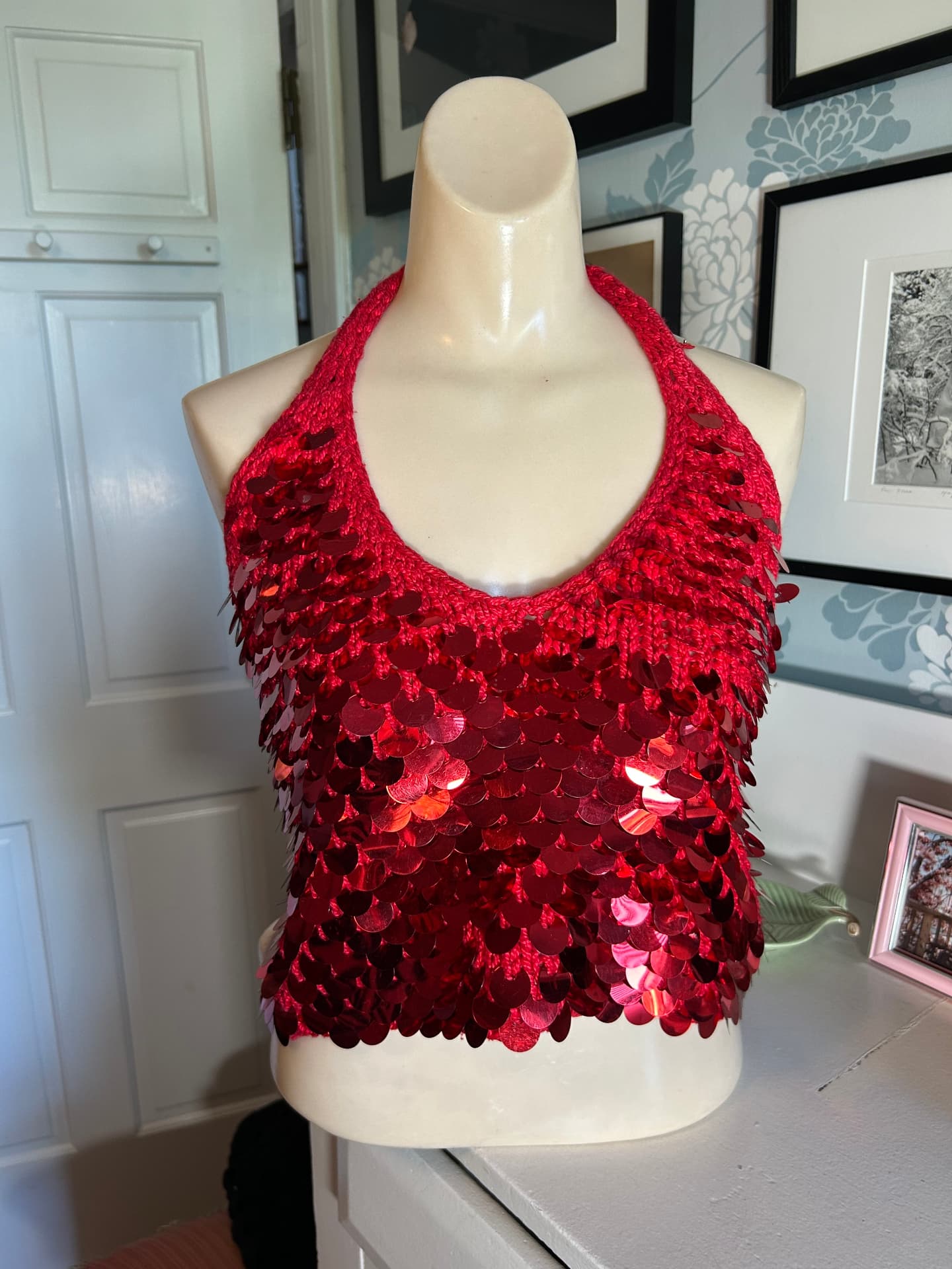 Joan Vass Red Halter with Paillettes