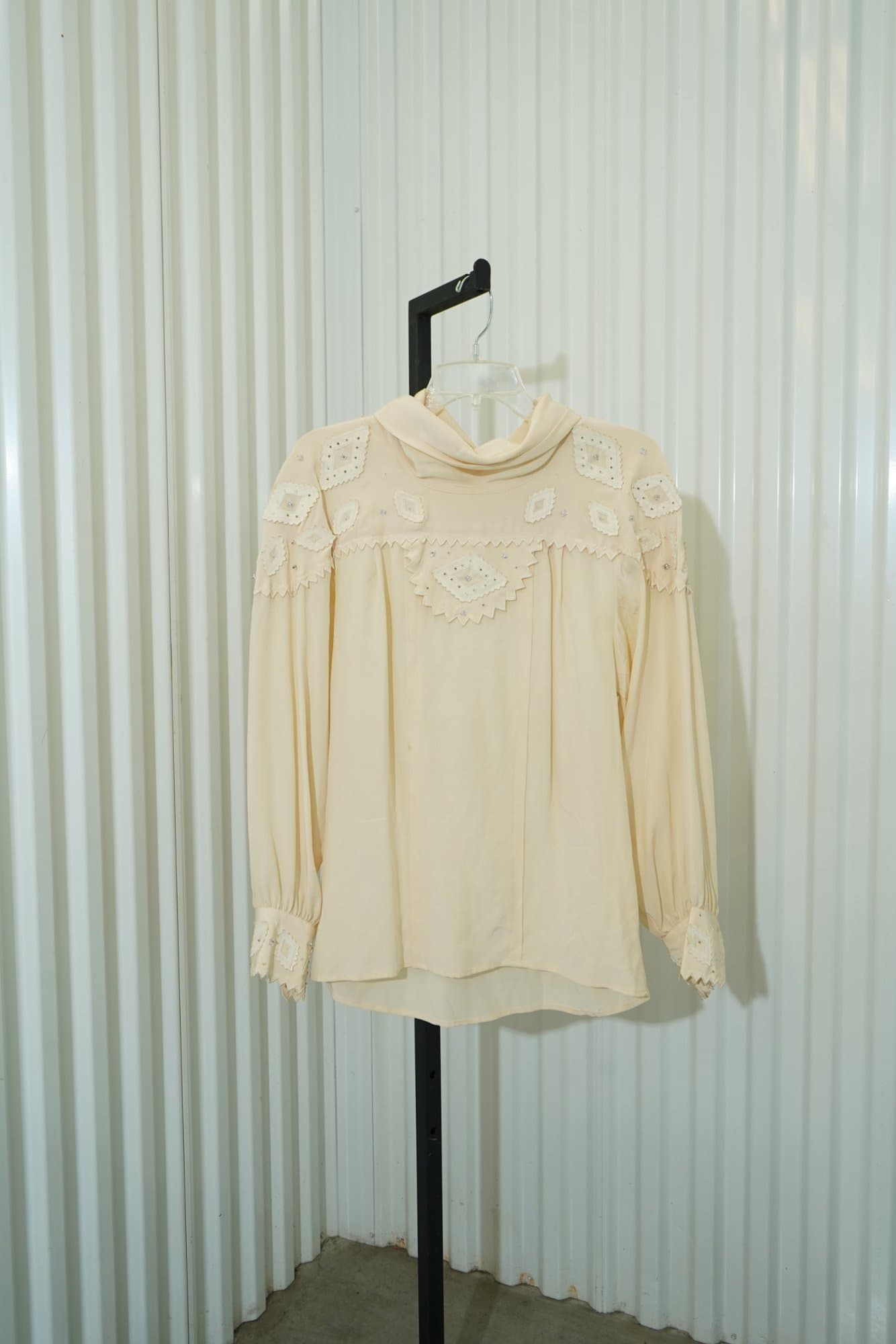 1970s Levanté Ivory Diamond Cutout Western Cowl Neck Beaded Long Sleeve Blouse