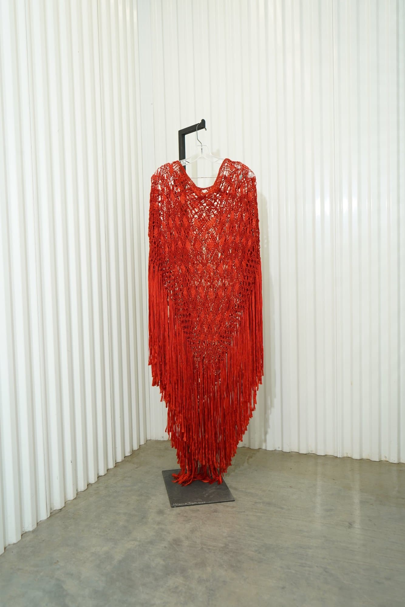 1970 Vintage Silk Macramé Poncho in Cherry Red, Long Fringe