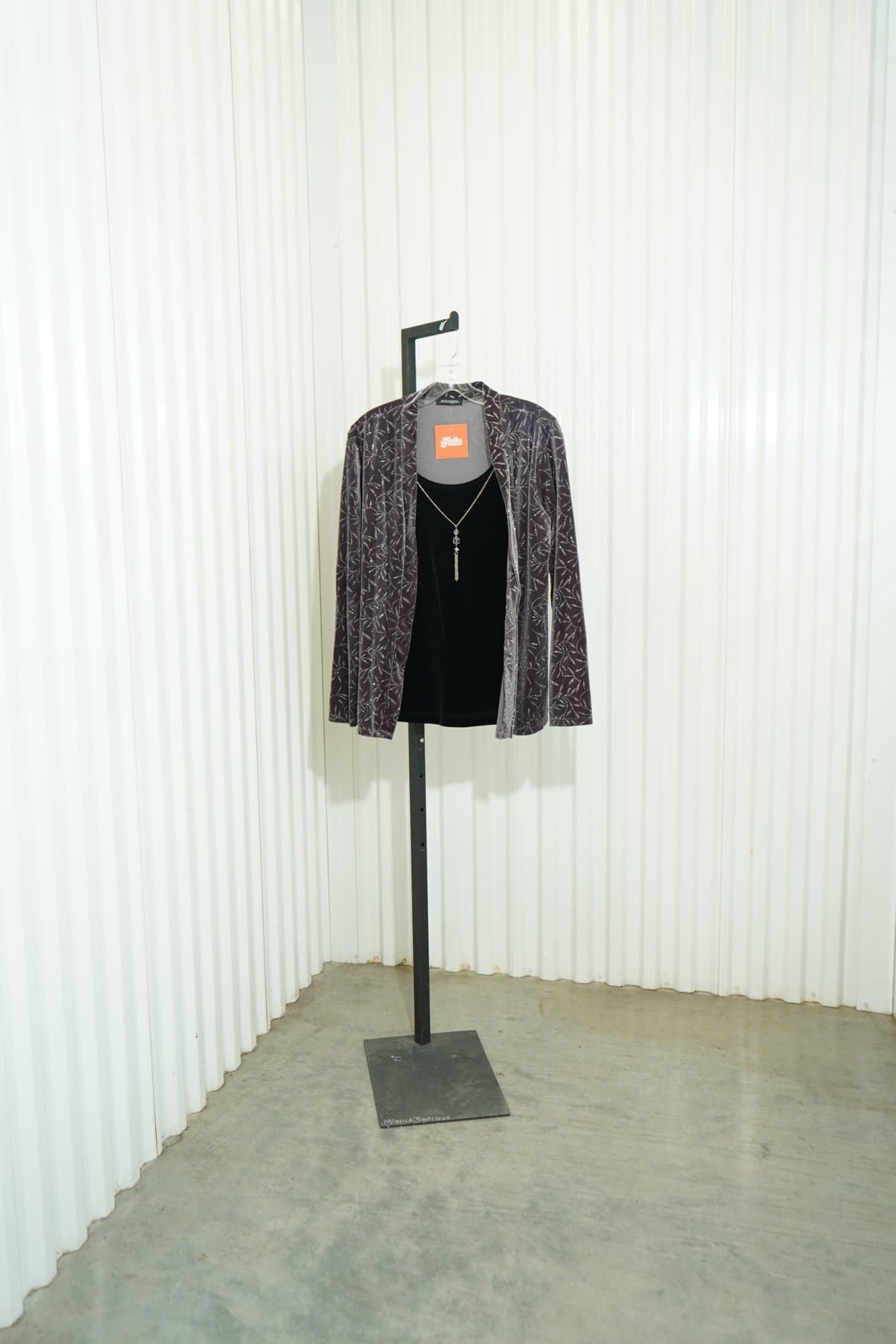 90s Notations Charcoal Silver Leaf Foil Velvet Open Cardigan