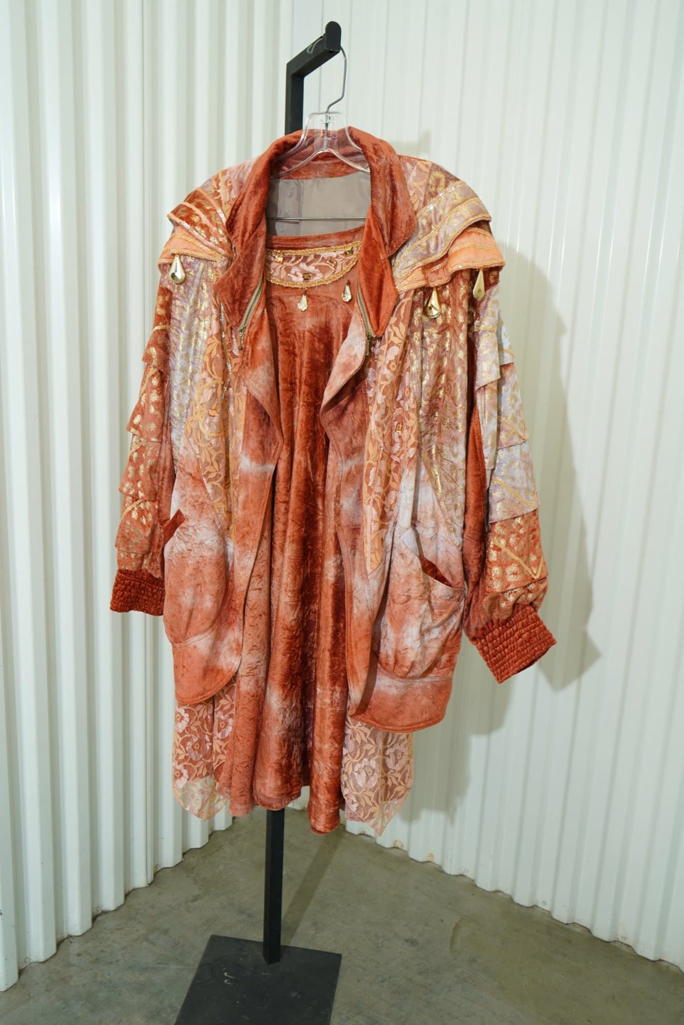 1990s Peach Crushed Velvet Metallic Brocade Lace Avant-Garde Skirt/Jacket Set