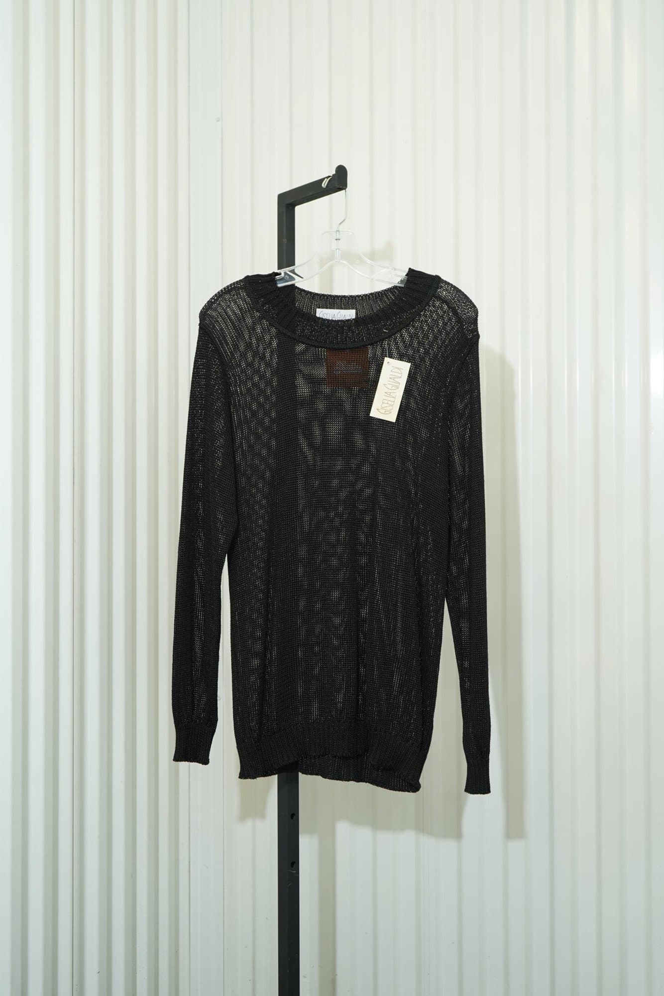 80s Gisella Glialdi Black Open-Weave Crew-Neck Sweater