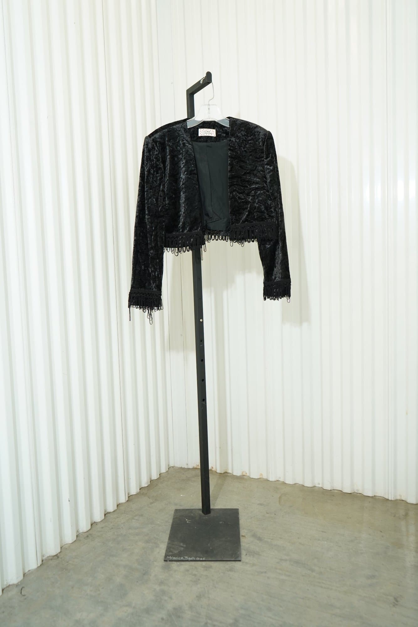 1980s-1990s Upway Collection black crushed velvet open front jacket with fringe