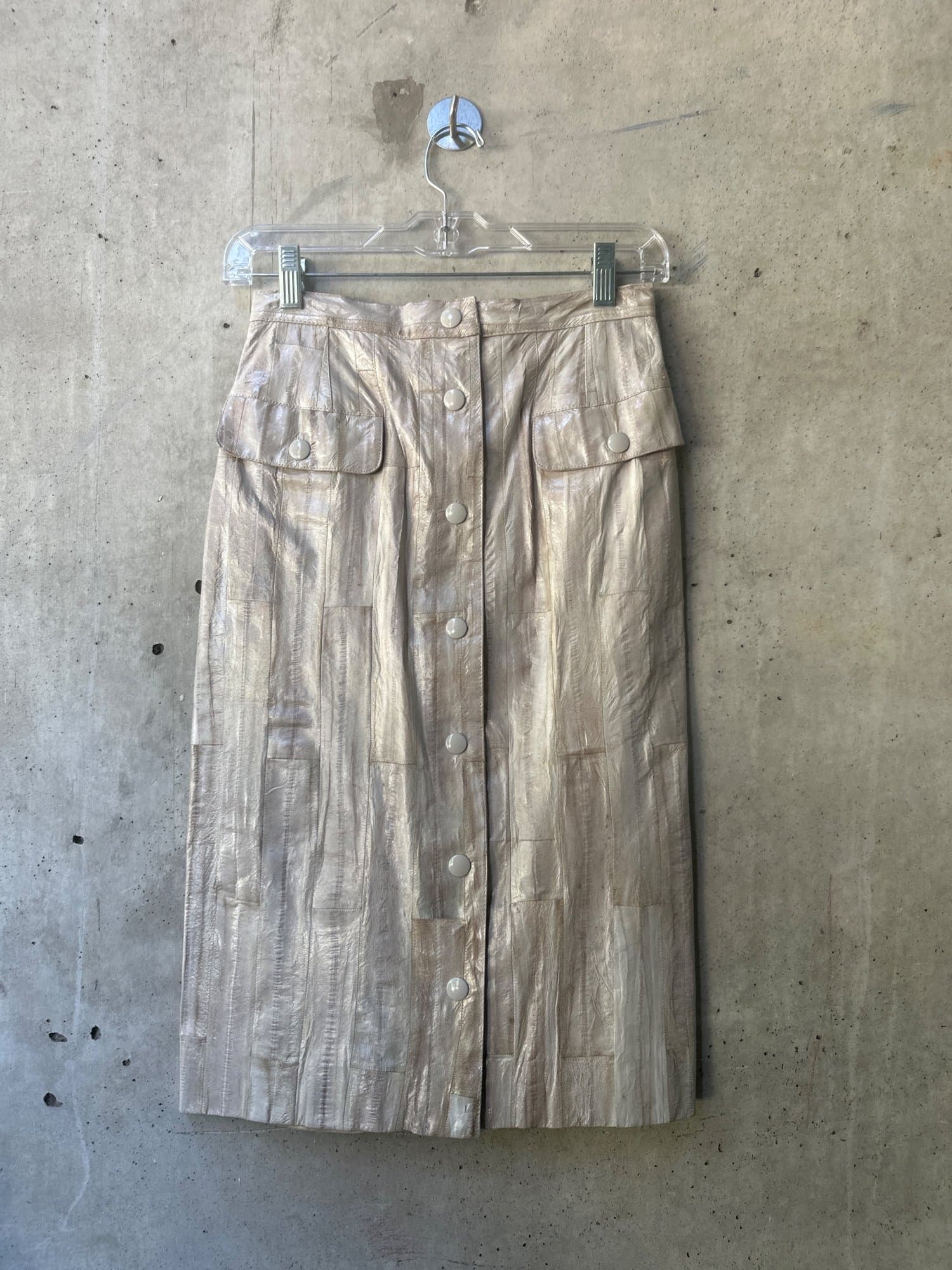 1980s Krizia EEL Skin Leather Button-Front Midi Skirt