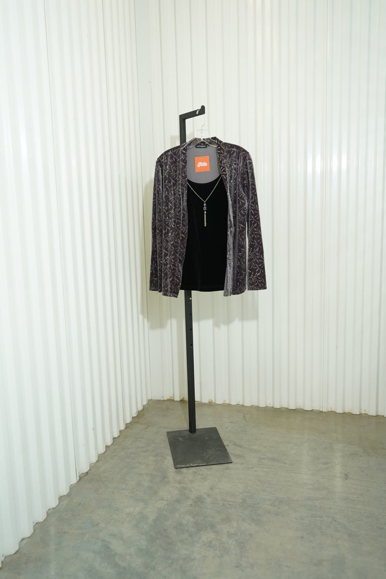 90s Notations Charcoal Silver Leaf Foil Velvet Open Cardigan