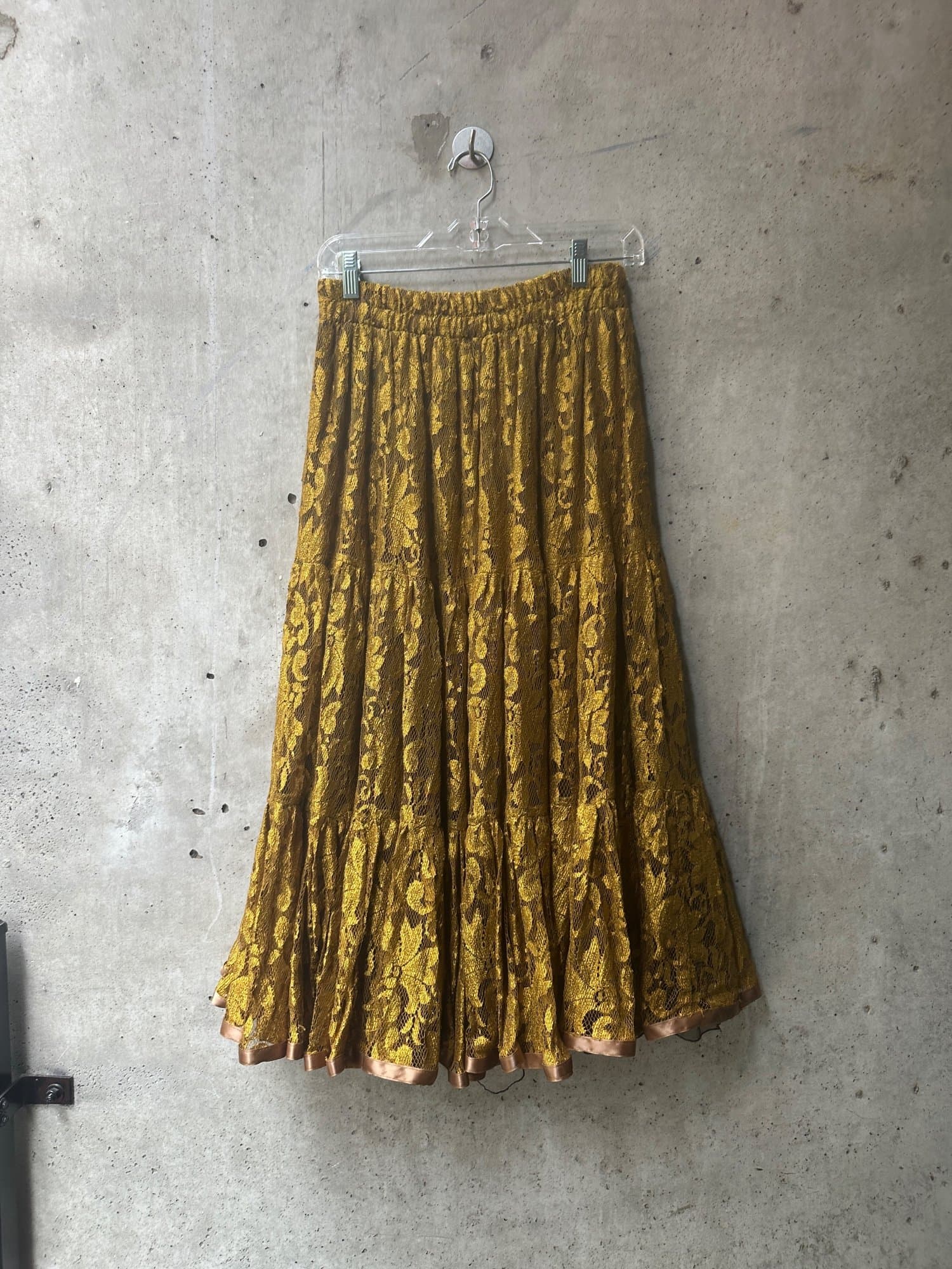 1980s-2000s Lace by Conné Carlton Mustard Lace Tiered Maxi Skirt