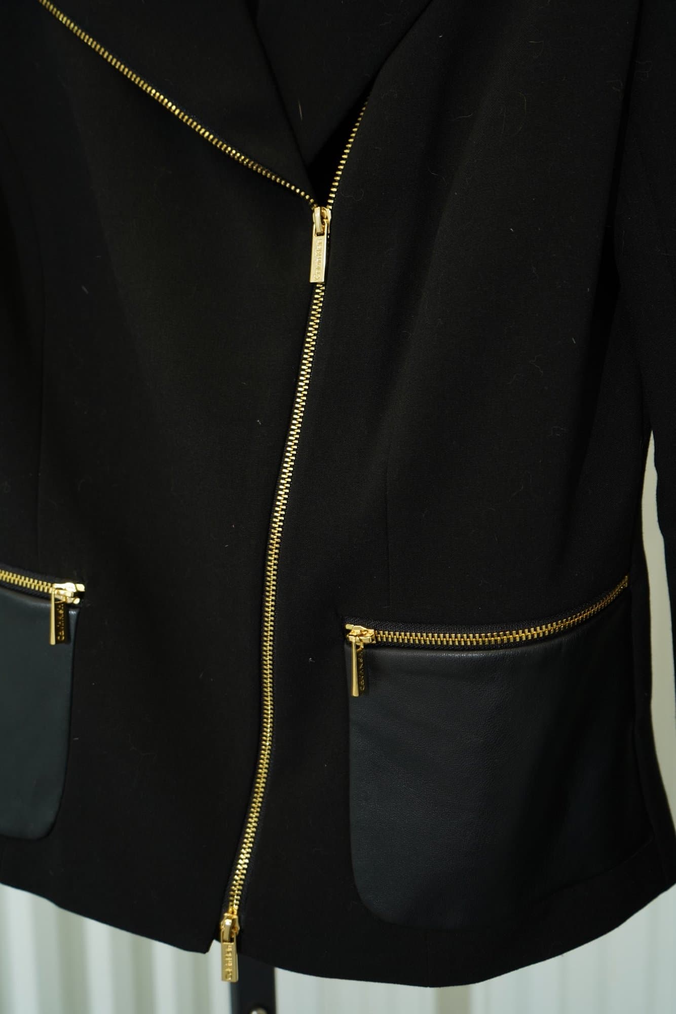 Y2K Calvin Klein Black Moto Jacekt with Aysmmetri gold zip welt pockets