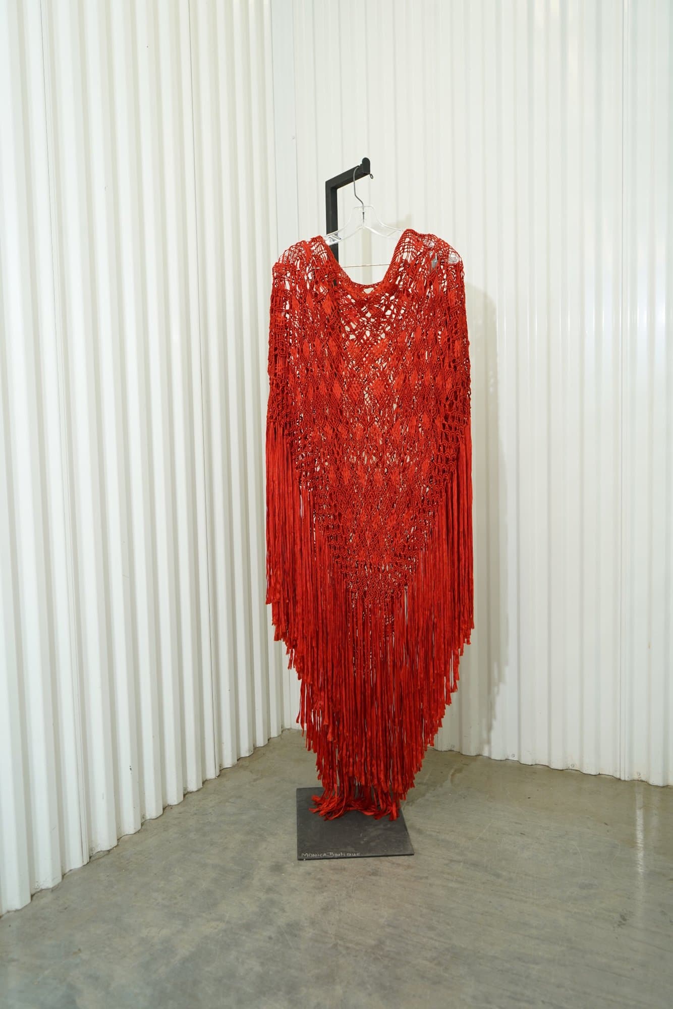 1970 Vintage Silk Macramé Poncho in Cherry Red, Long Fringe