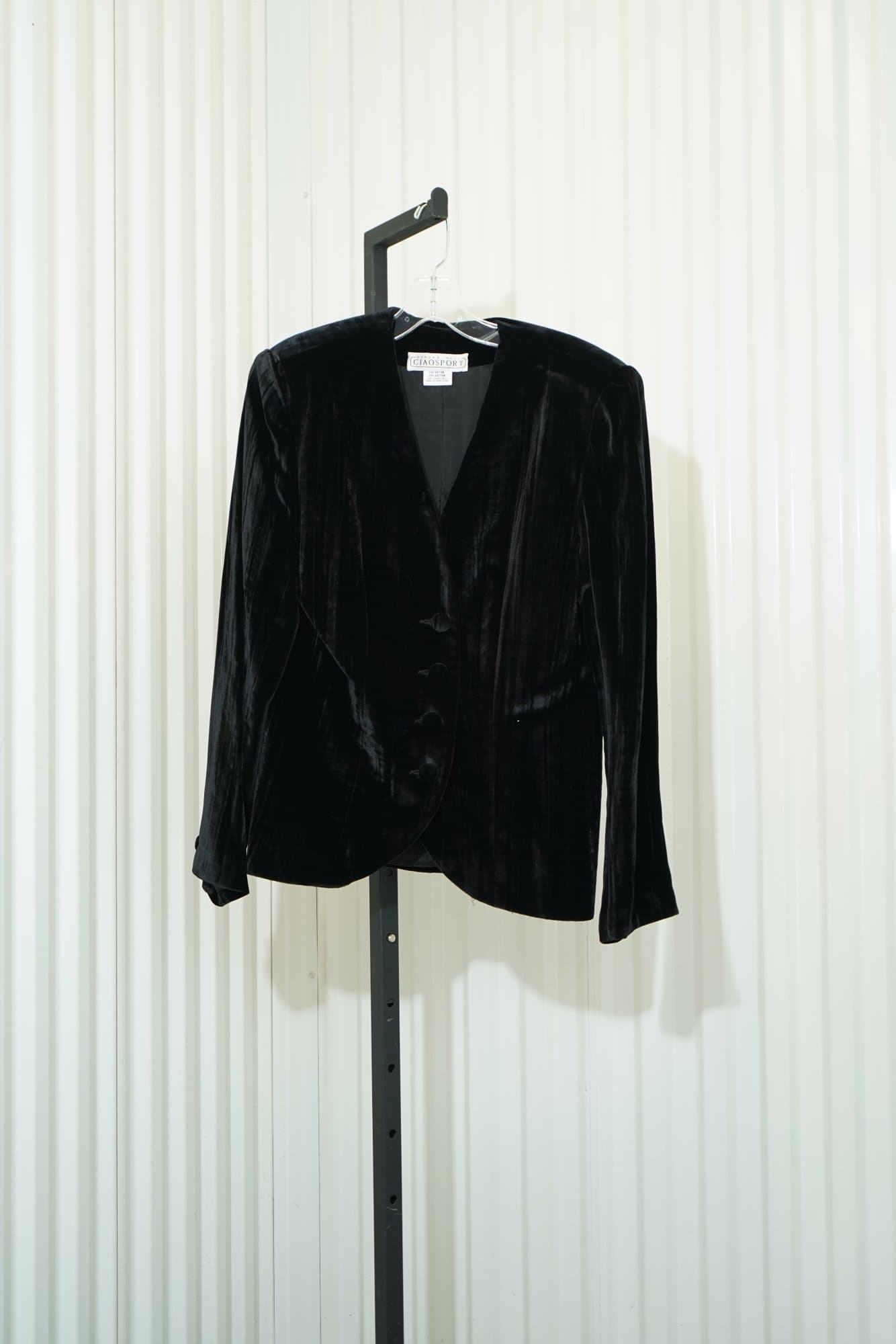 80s Sanda Roth Ciao Sport Black Crushed Velvet Collareless Jacket Deep V Open F…