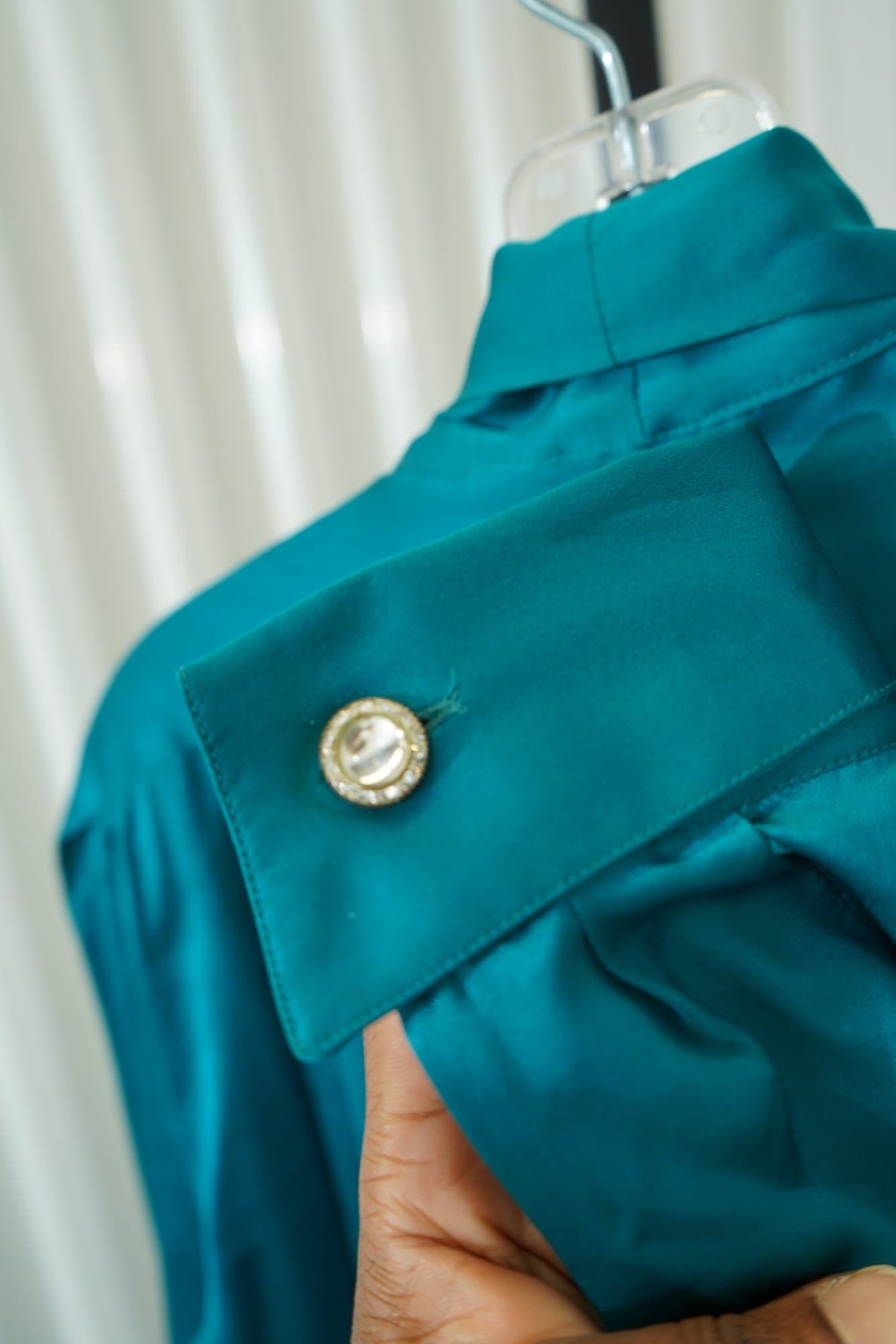 1970 Teal Silk Long Pleated Sleeve Tie Neck Button Down Blouse