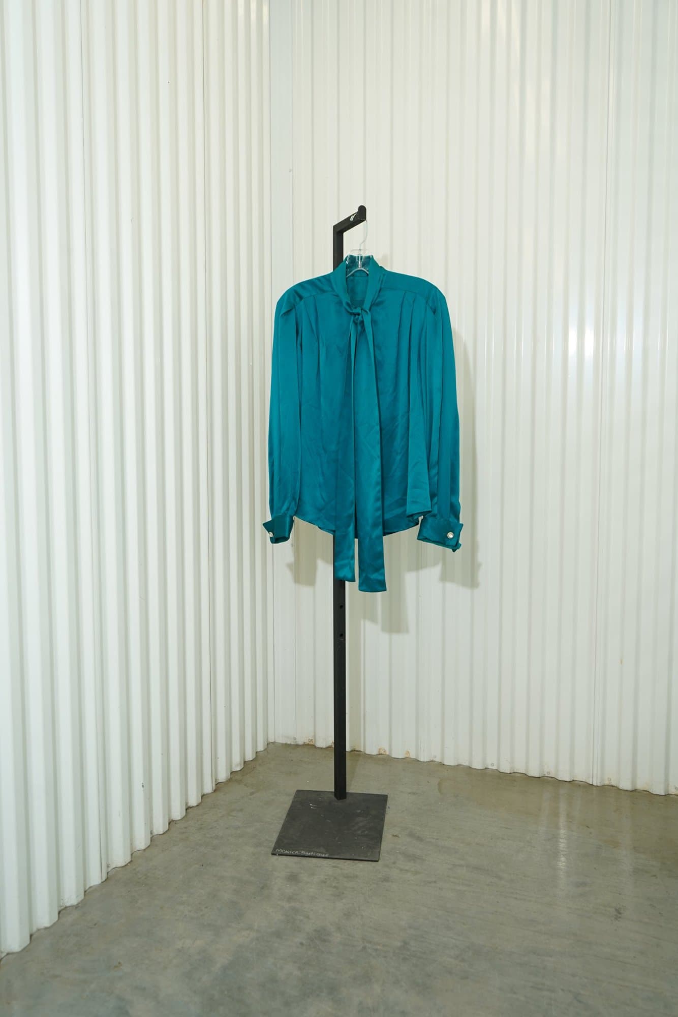 1970 Teal Silk Long Pleated Sleeve Tie Neck Button Down Blouse