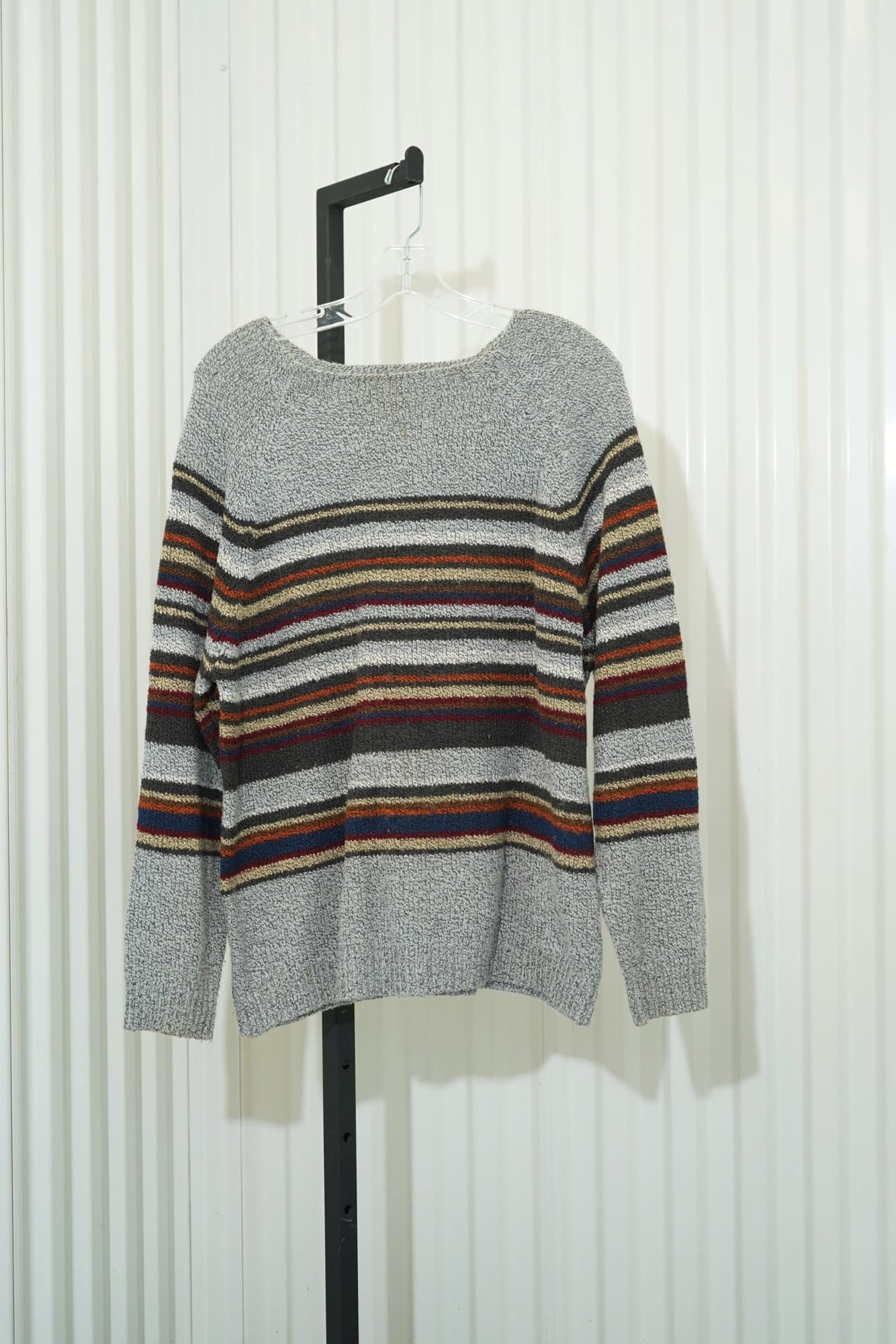 90s Carolyn Taylor Essentials Grey Marl Multi-Stripe Knit Sweater