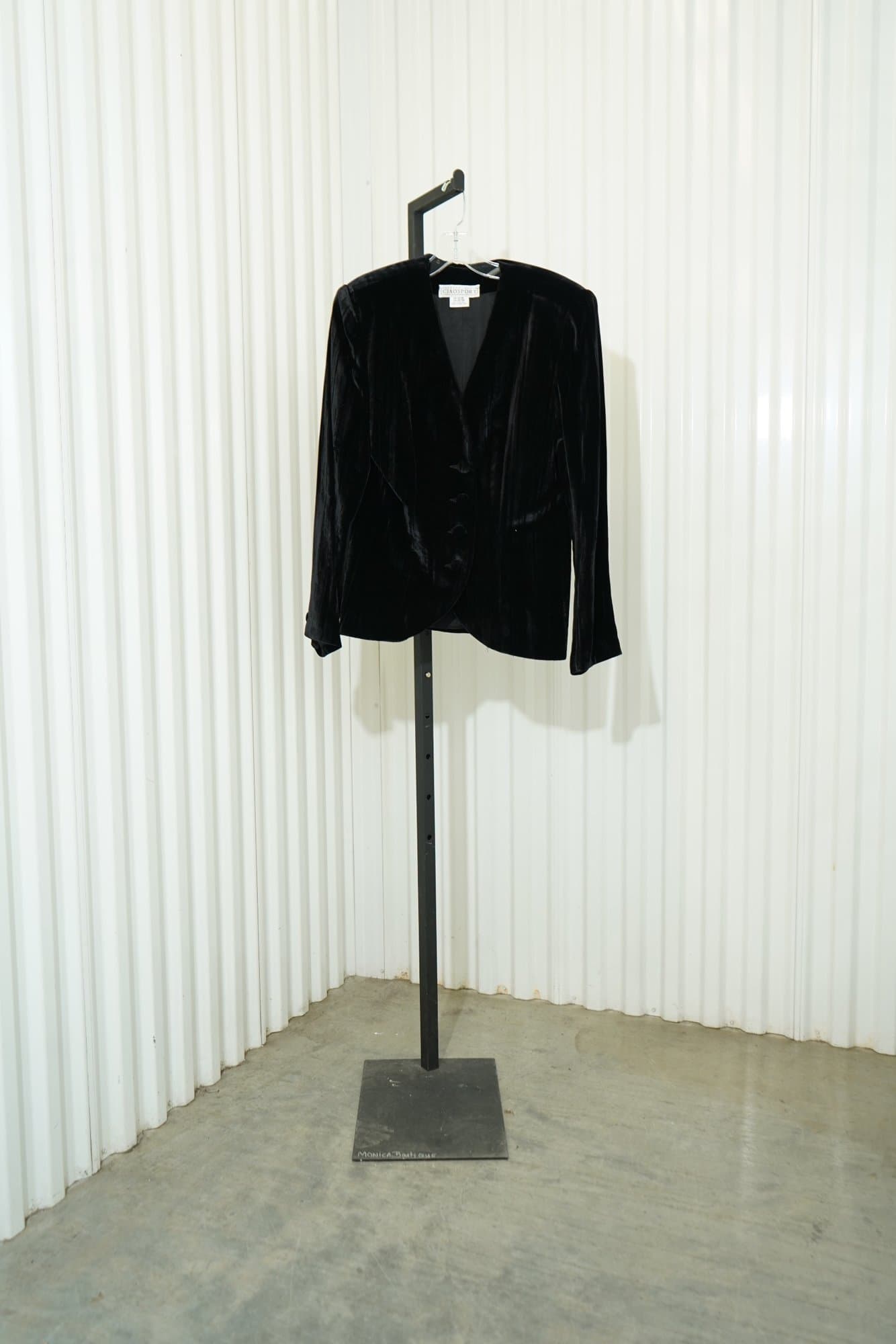 80s Sanda Roth Ciao Sport Black Crushed Velvet Collareless Jacket Deep V Open F…