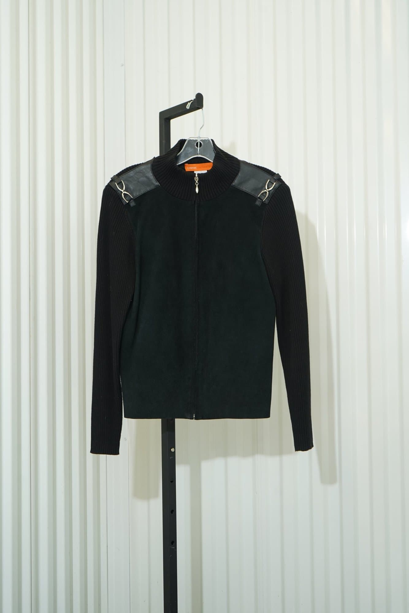 Y2K Cynthia Steffe Black Mixed-Media Ribbed Knit & Suede Moto Zip Jacket