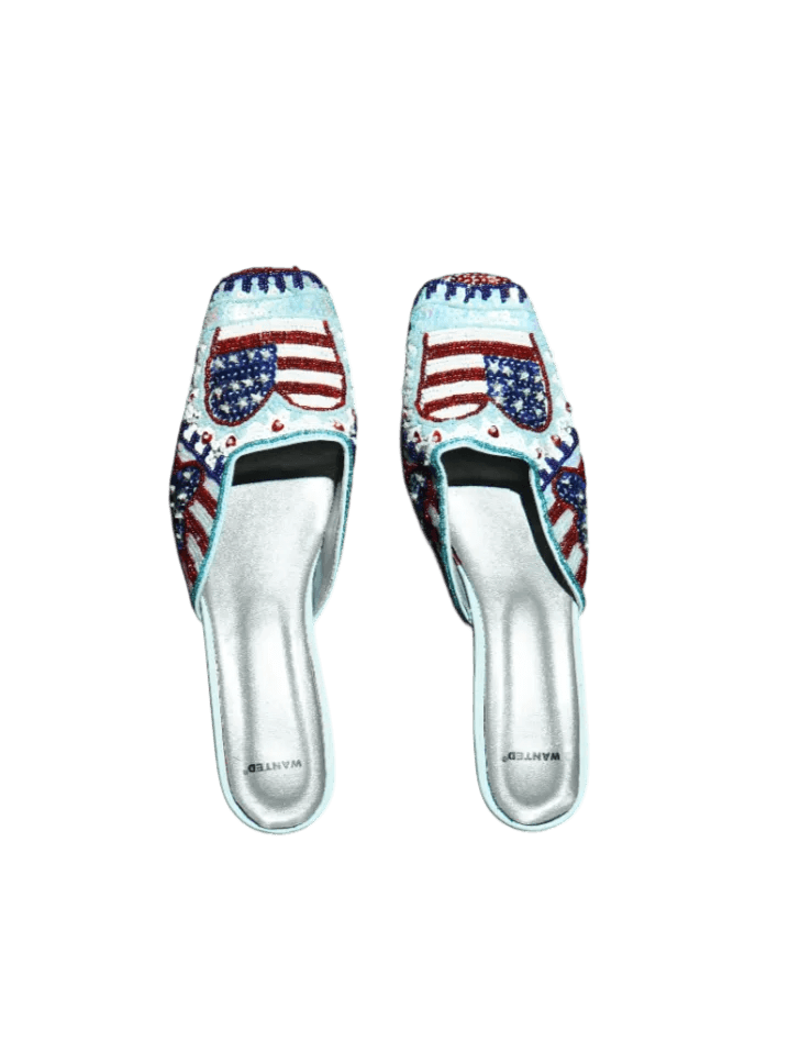 Wanted Americana Crystal Beaded Flag Heart Flat Mule