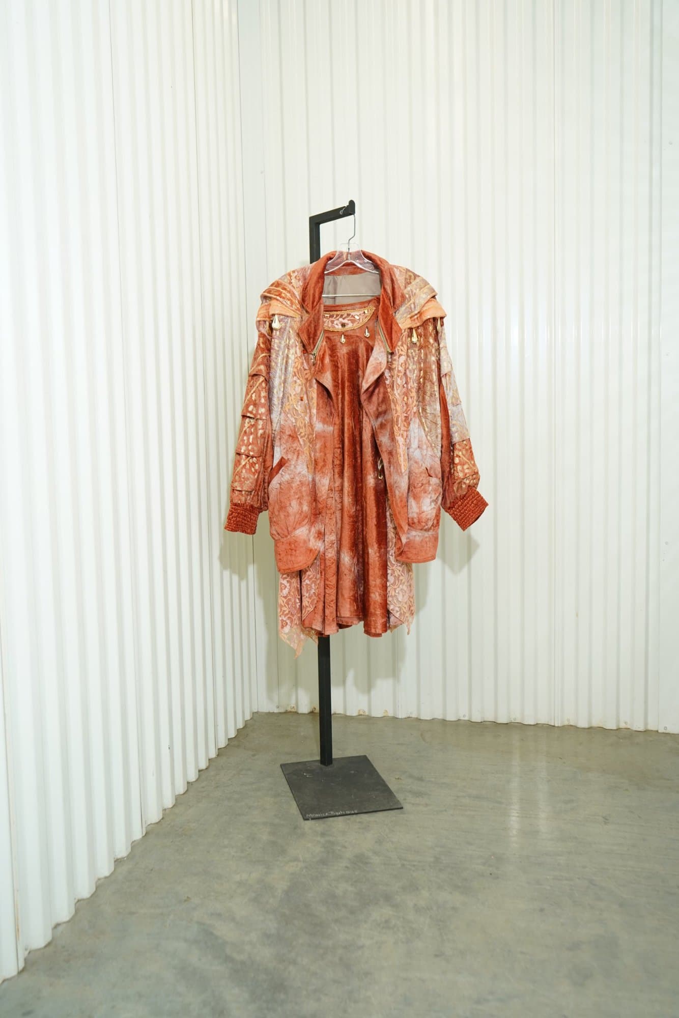 1990s Peach Crushed Velvet Metallic Brocade Lace Avant-Garde Skirt/Jacket Set