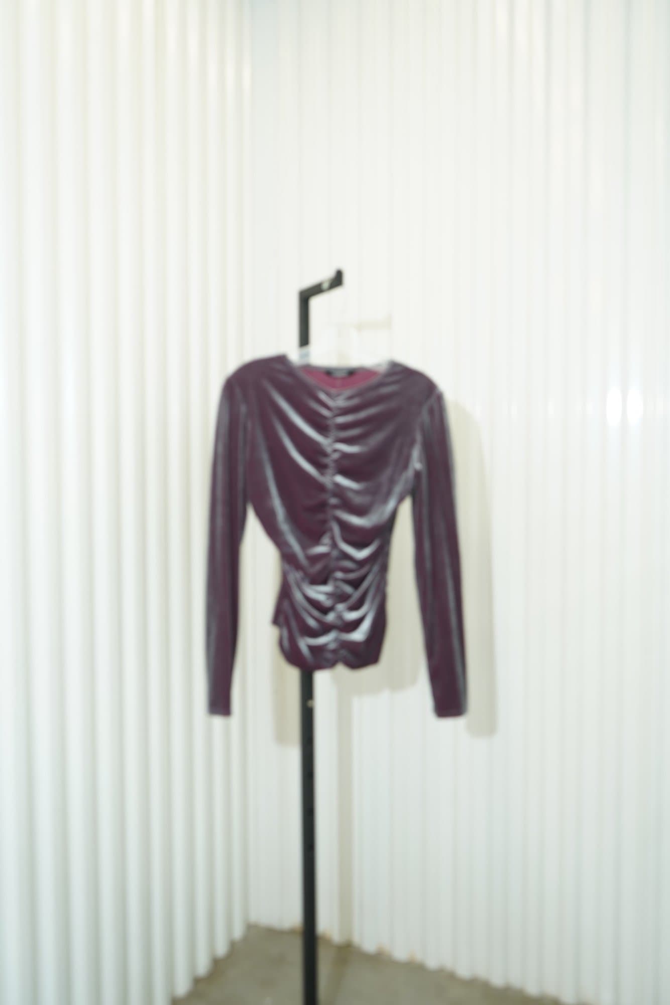 Y2K Charcoal Velvet ruched mauve iridescent long sleeve-top