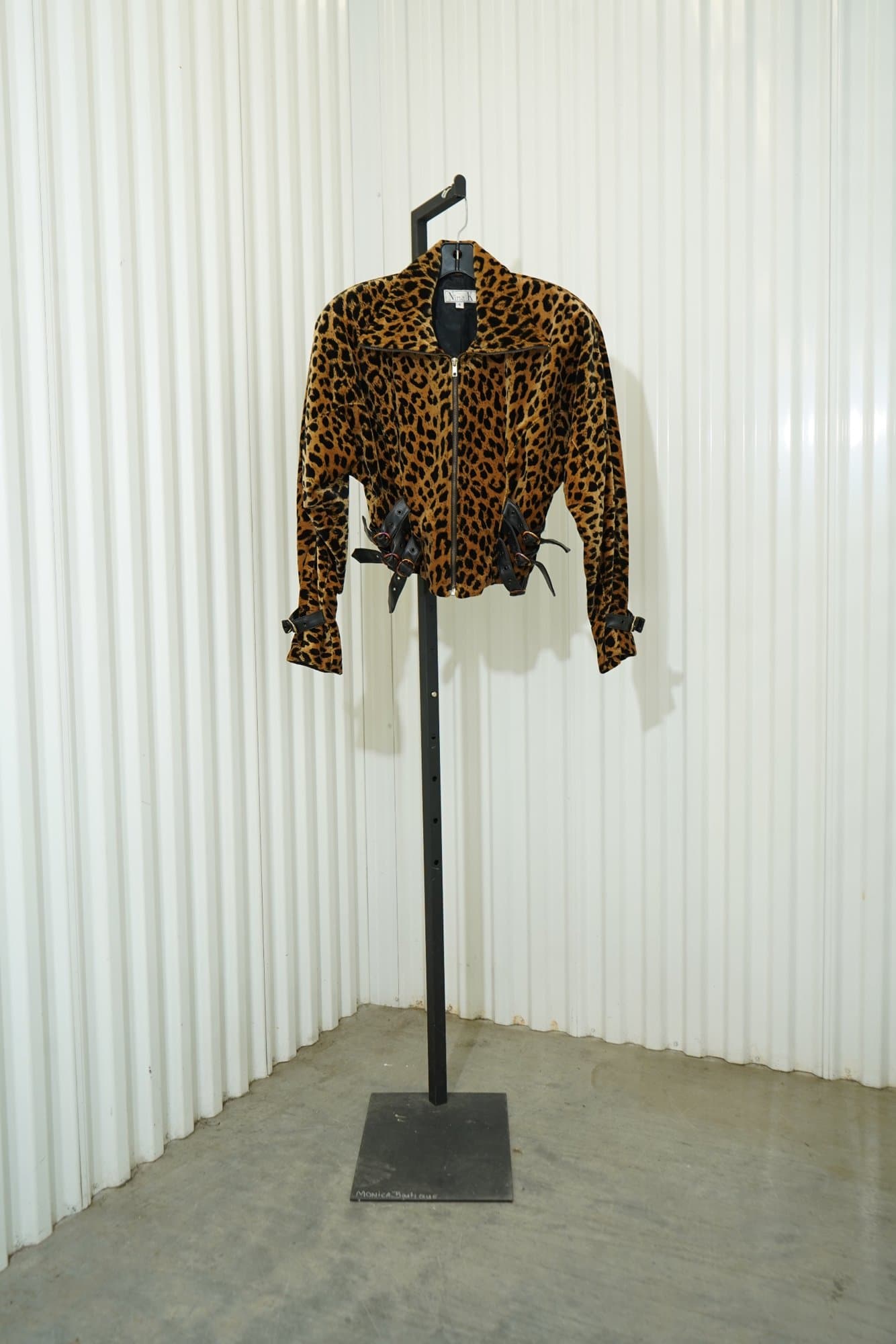 80s Nina K Leopard print tan/gold Motot Jacet with Leather Buckle Peplum