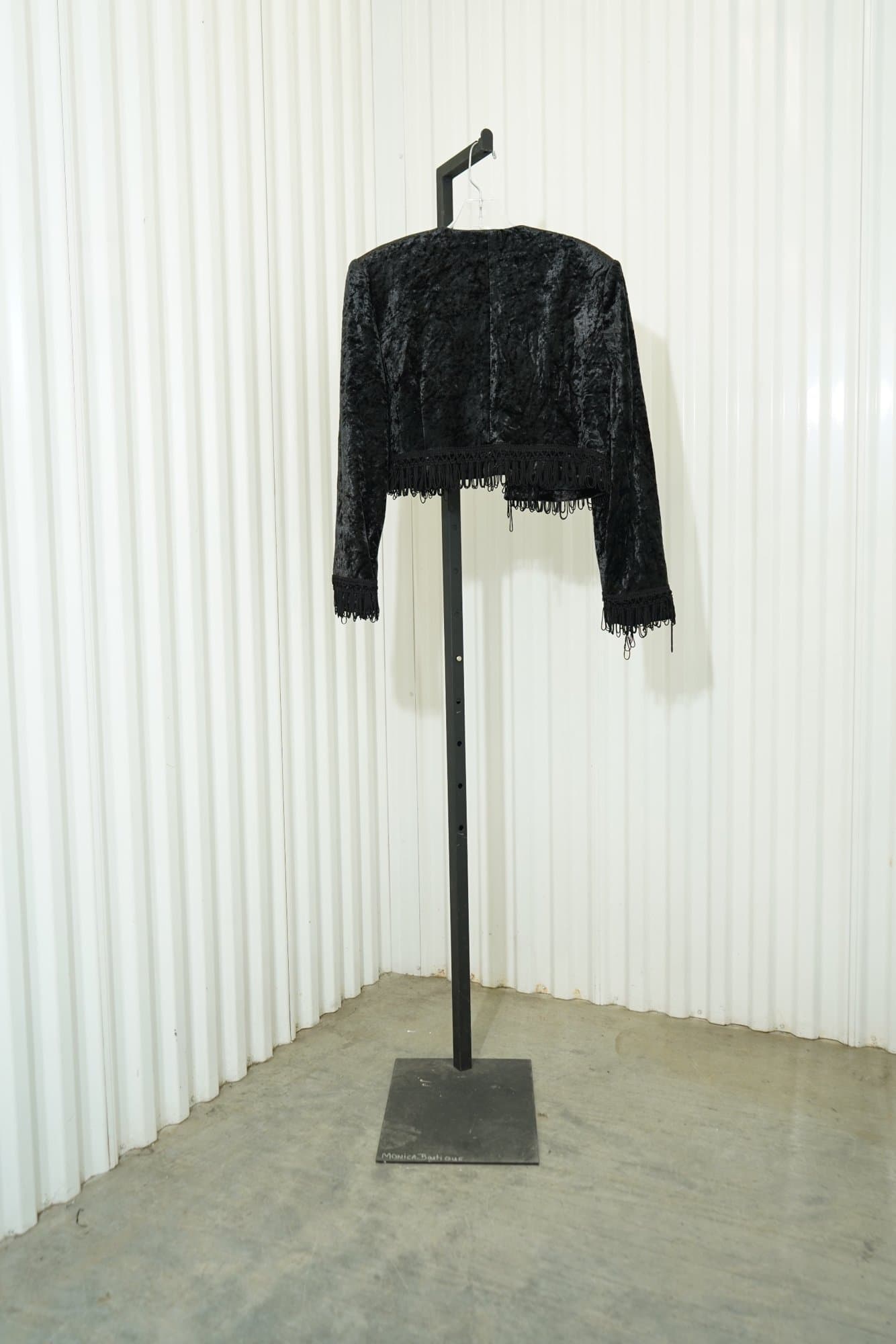 1980s-1990s Upway Collection black crushed velvet open front jacket with fringe