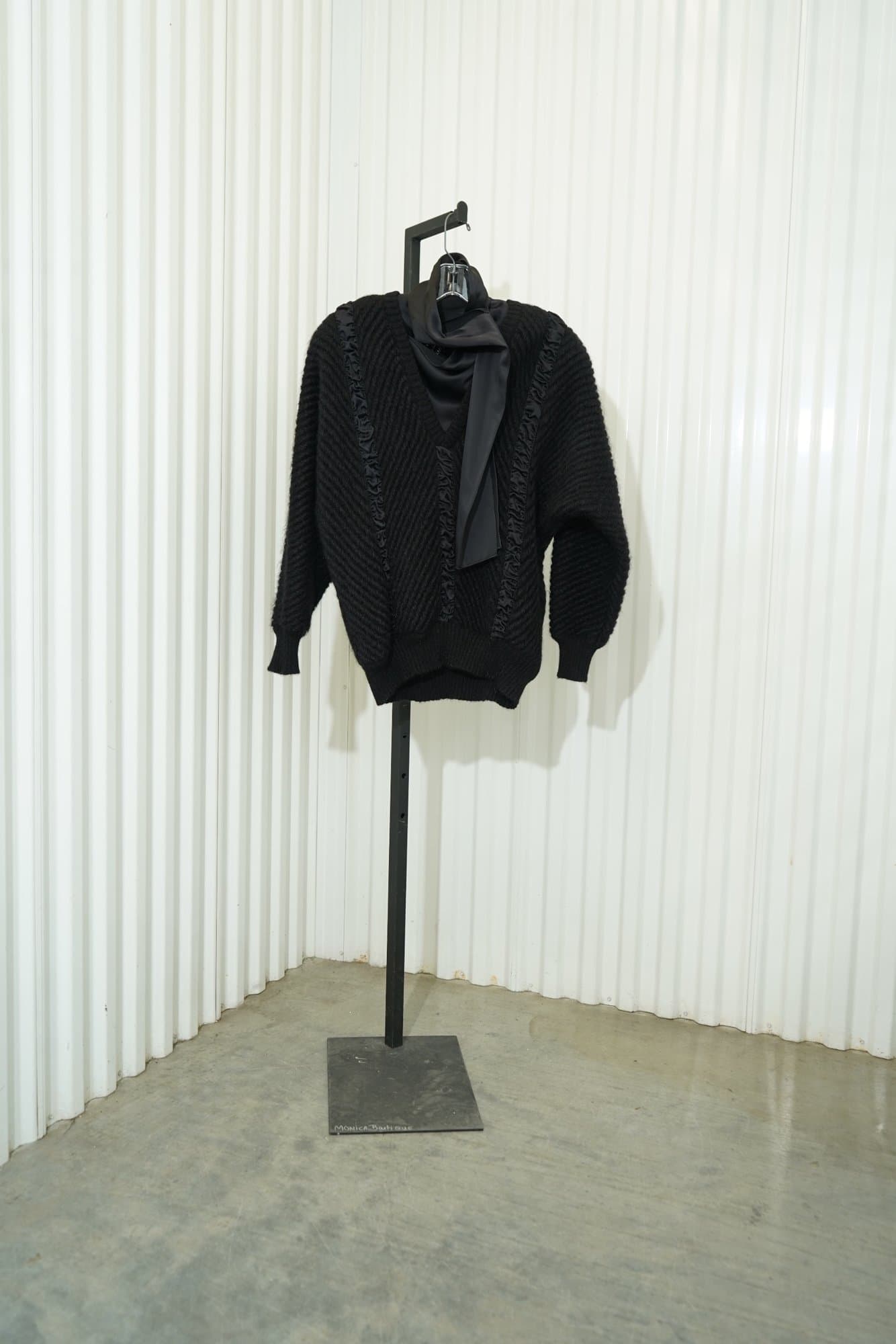 70s Black Ruffle Skilk Trim V Neck Layered Mohair Sweater -- Made in Italy