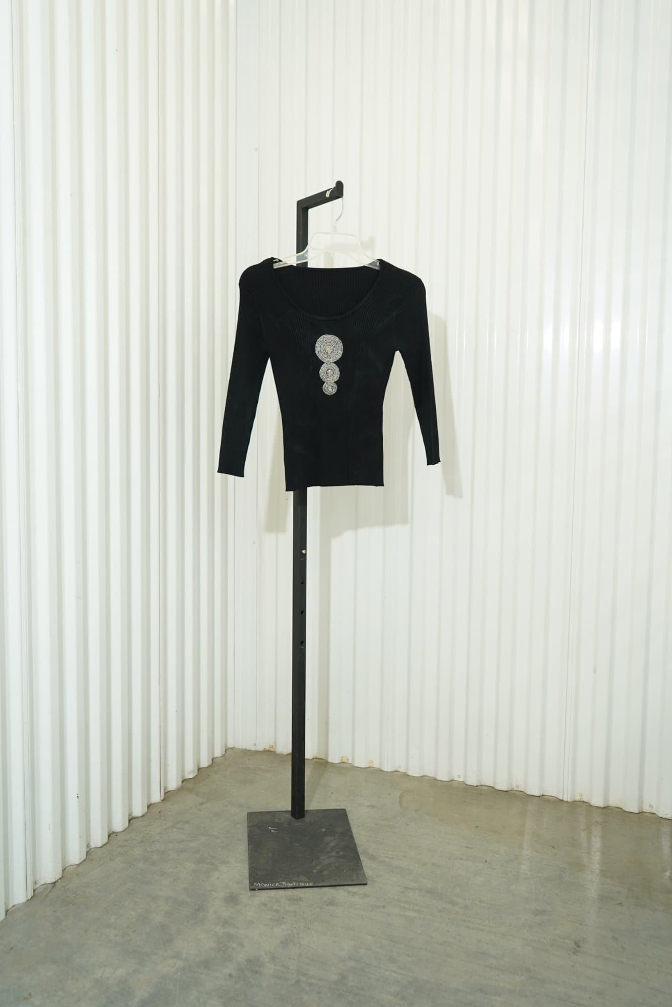 Y2K Black Ribbed Kint Scoop-neck top with Beaded Circle Emblishement