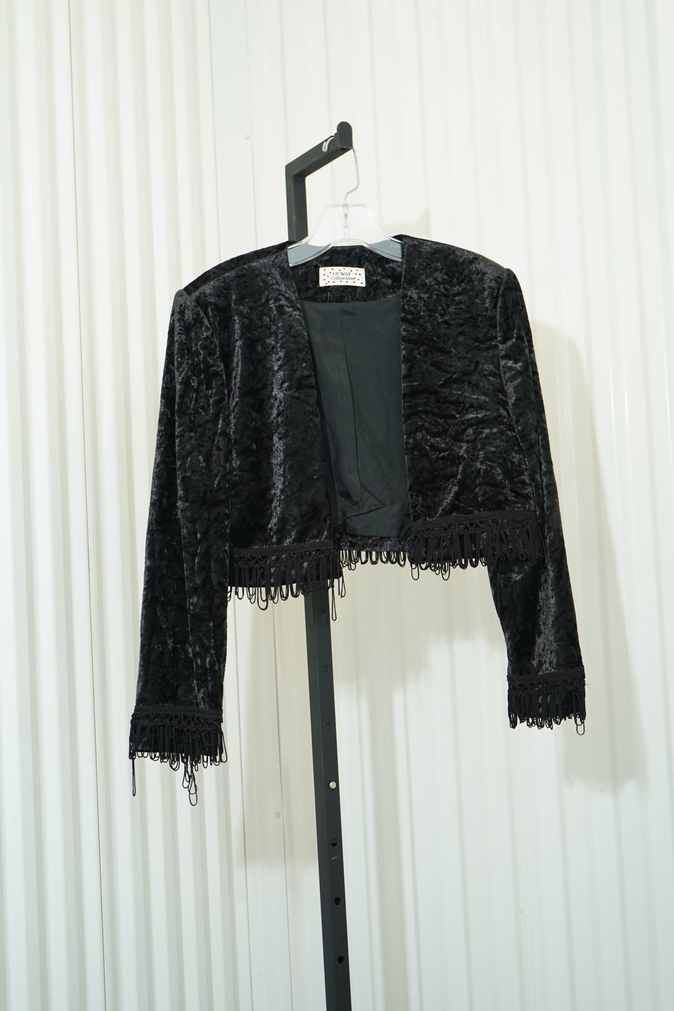 1980s-1990s Upway Collection black crushed velvet open front jacket with fringe