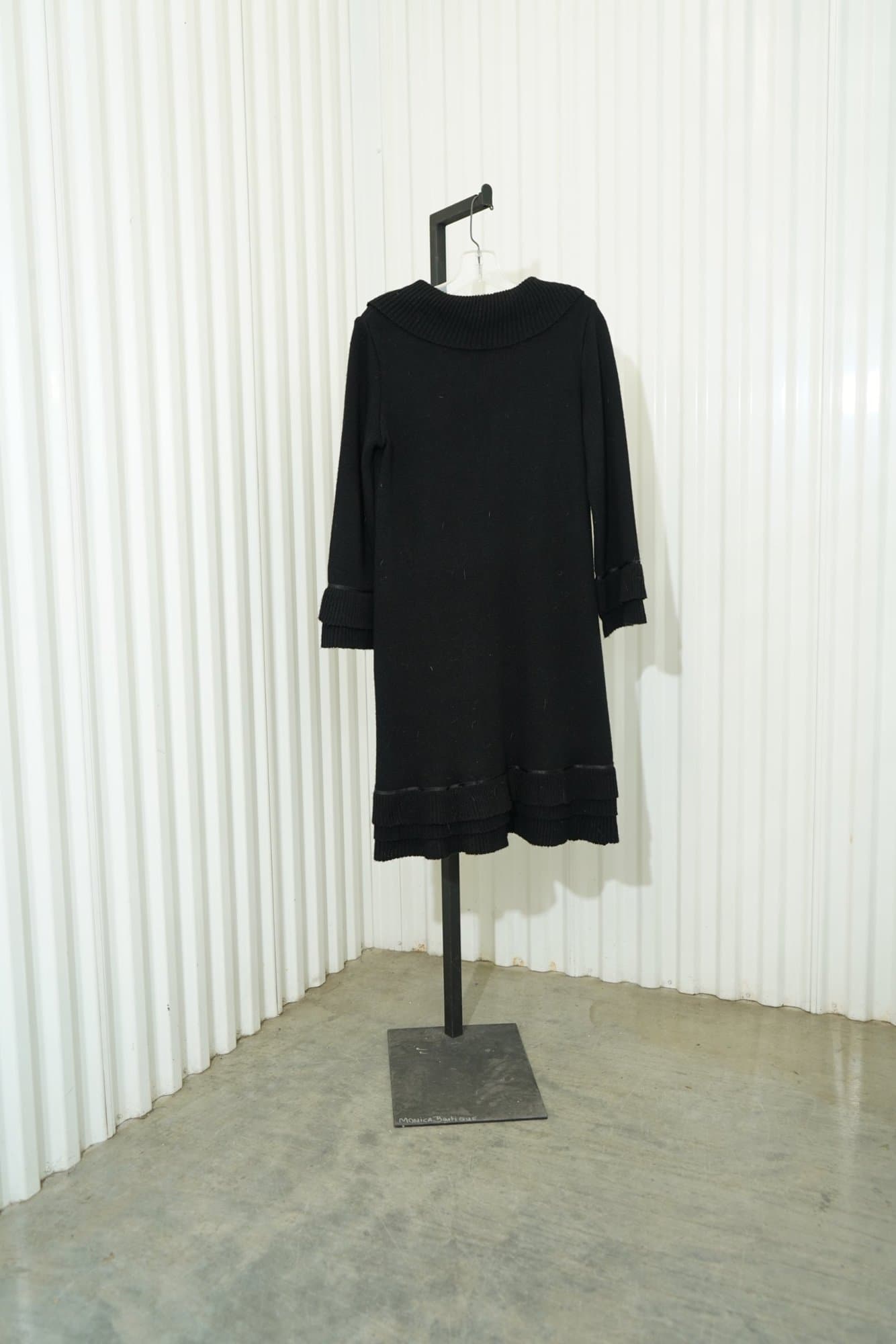 90s Maria Casero Black Satin Ribbon tie Ribbed Layered Trim Cardigan Sweater