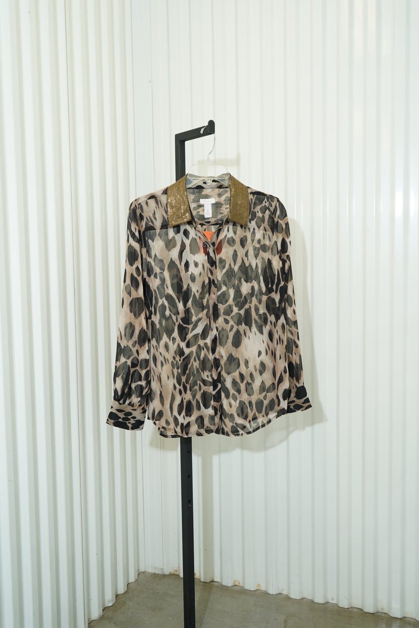 Chicos Sheer Animal Print Gold Sequin Collar Button Down