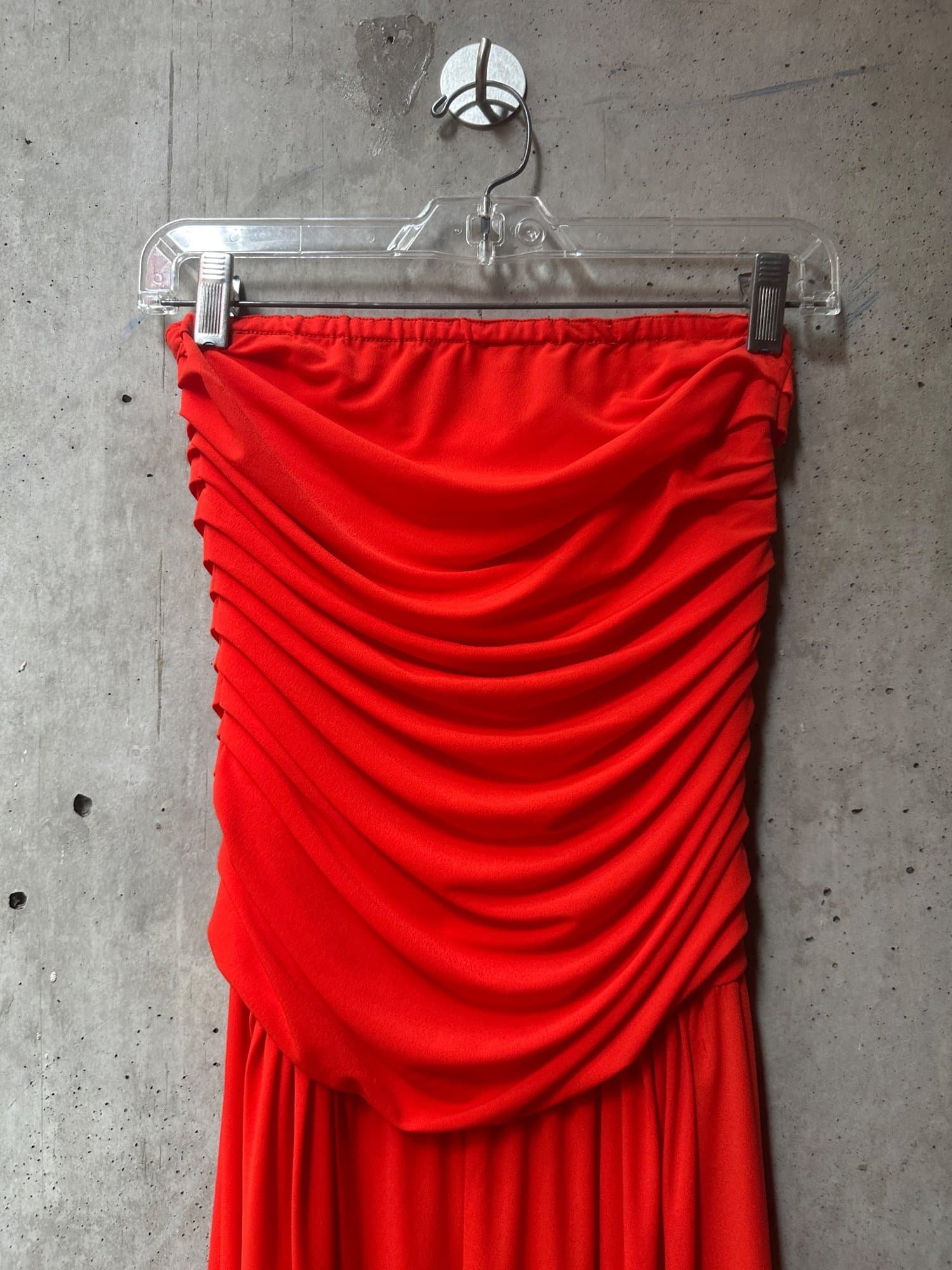 1970s-1980s Gottex Red Strapless Ruched Maxi Dress