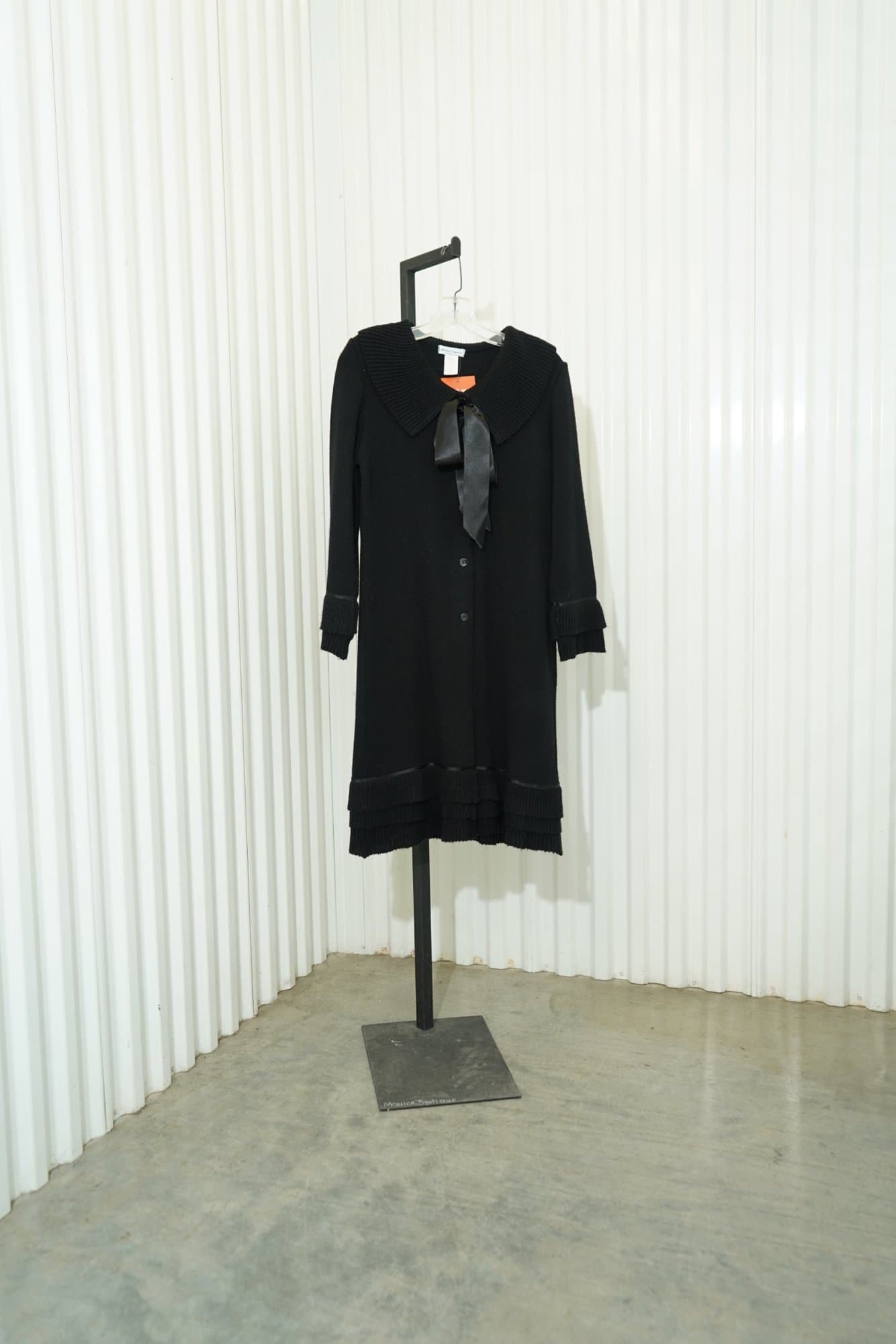 90s Maria Casero Black Satin Ribbon tie Ribbed Layered Trim Cardigan Sweater