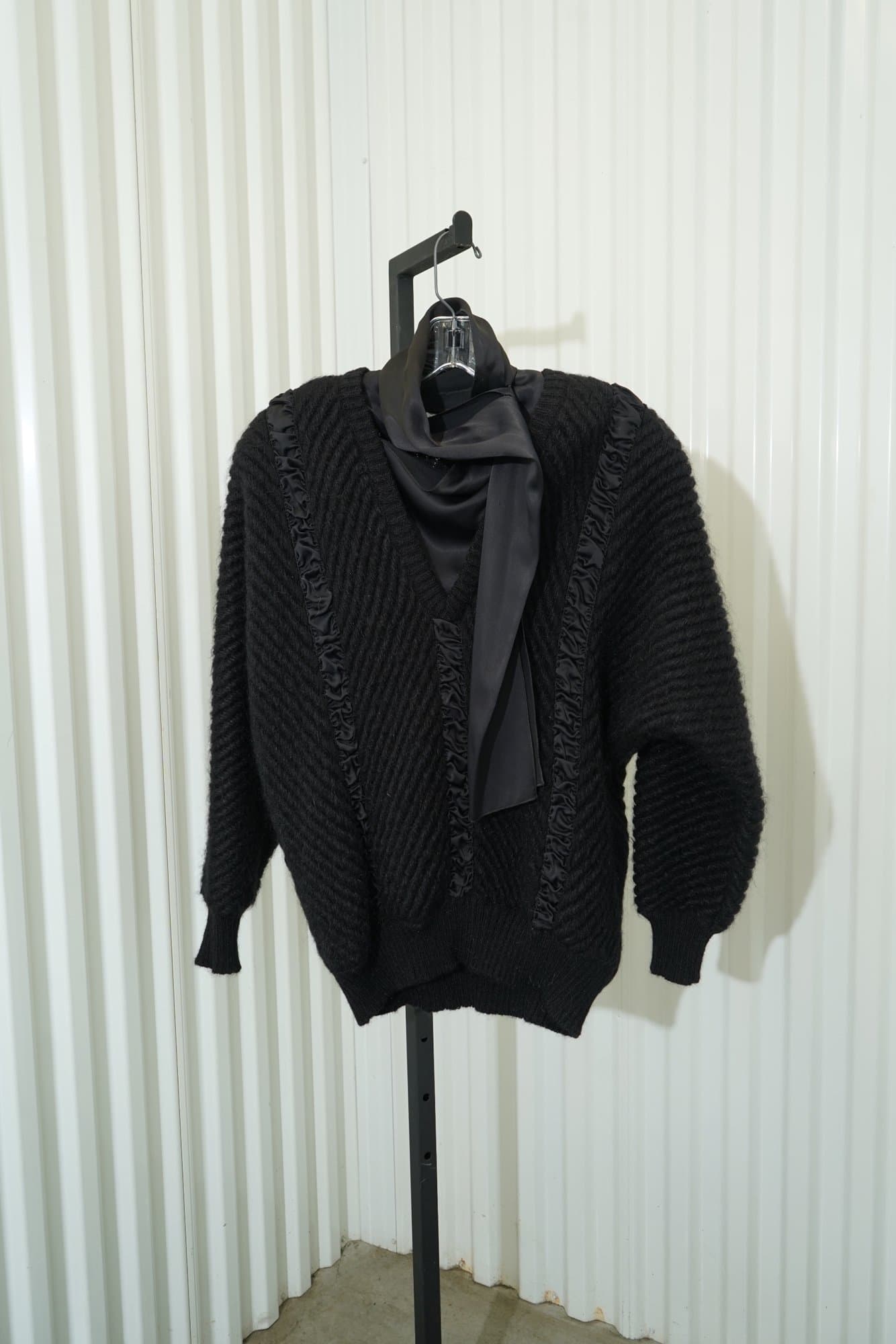 70s Black Ruffle Skilk Trim V Neck Layered Mohair Sweater -- Made in Italy