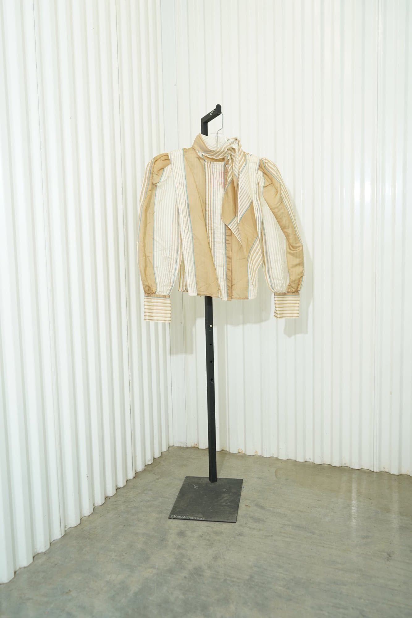 MALBE 1970s Mable Gold/Cream Sheer Striped Pesant Sleeve Tie Neck Blouse