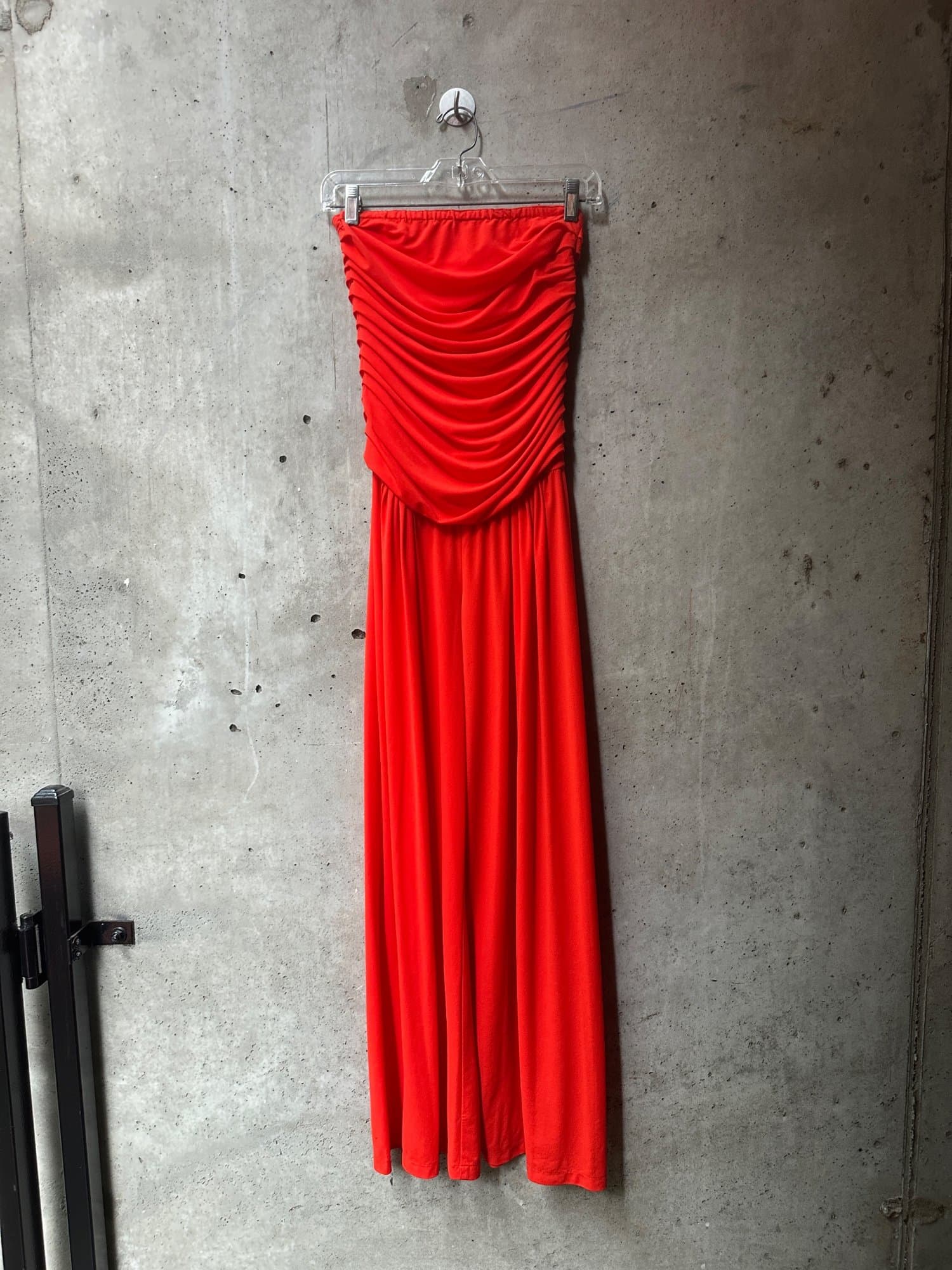 1970s-1980s Gottex Red Strapless Ruched Maxi Dress
