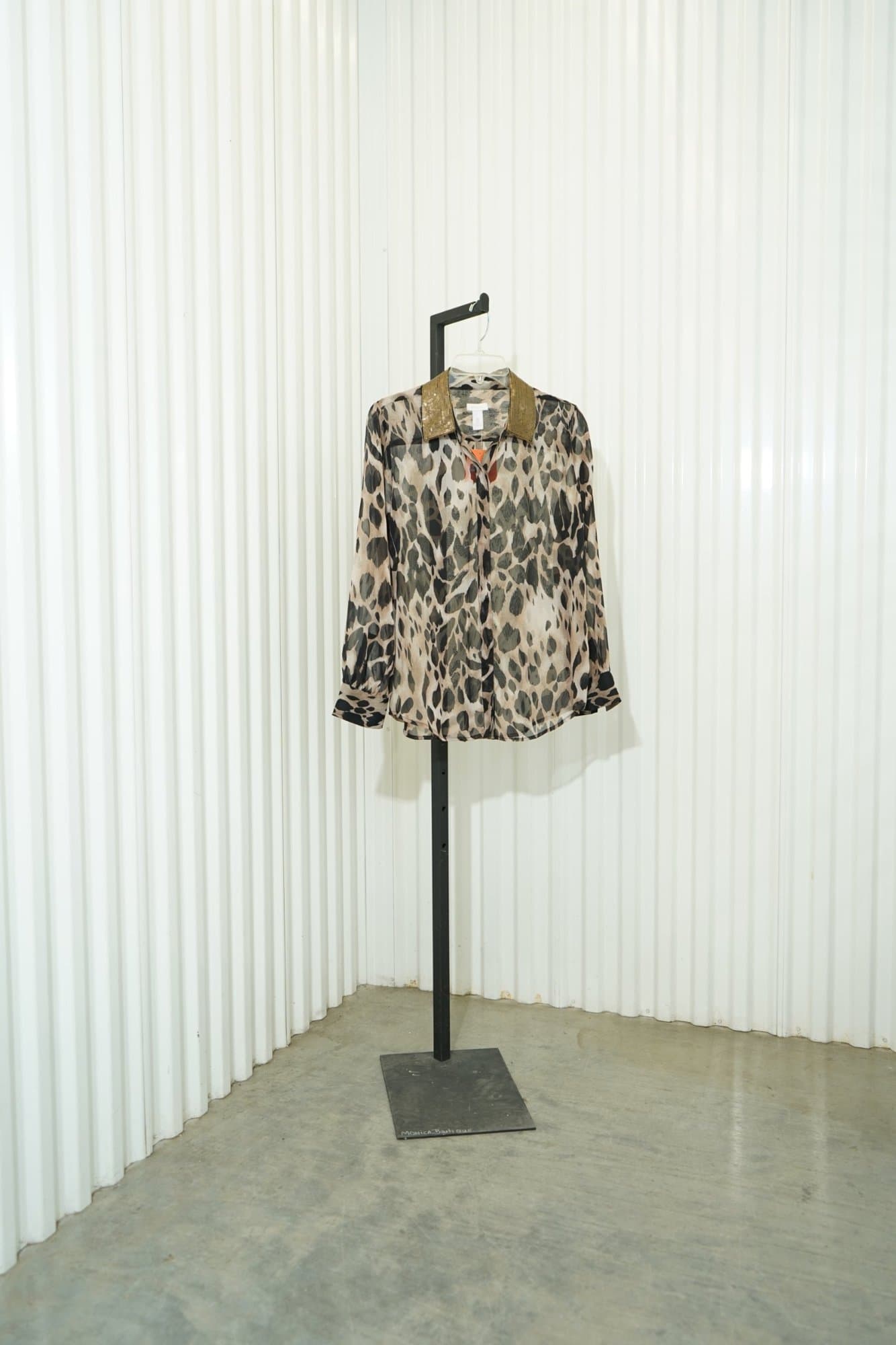 Chicos Sheer Animal Print Gold Sequin Collar Button Down