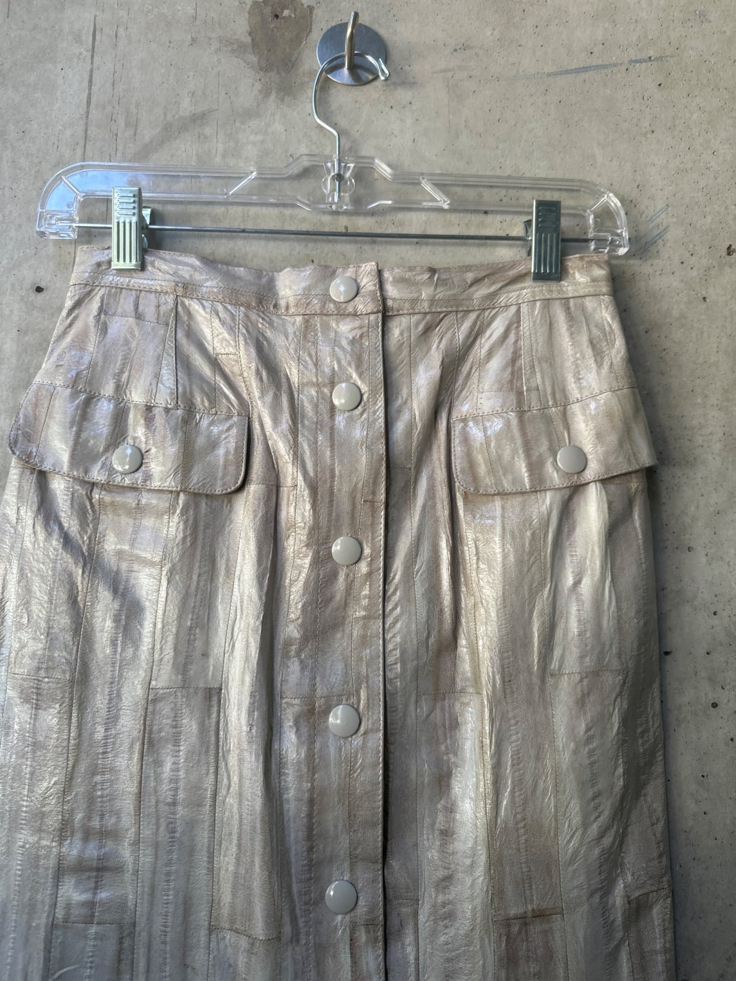 1980s Krizia EEL Skin Leather Button-Front Midi Skirt