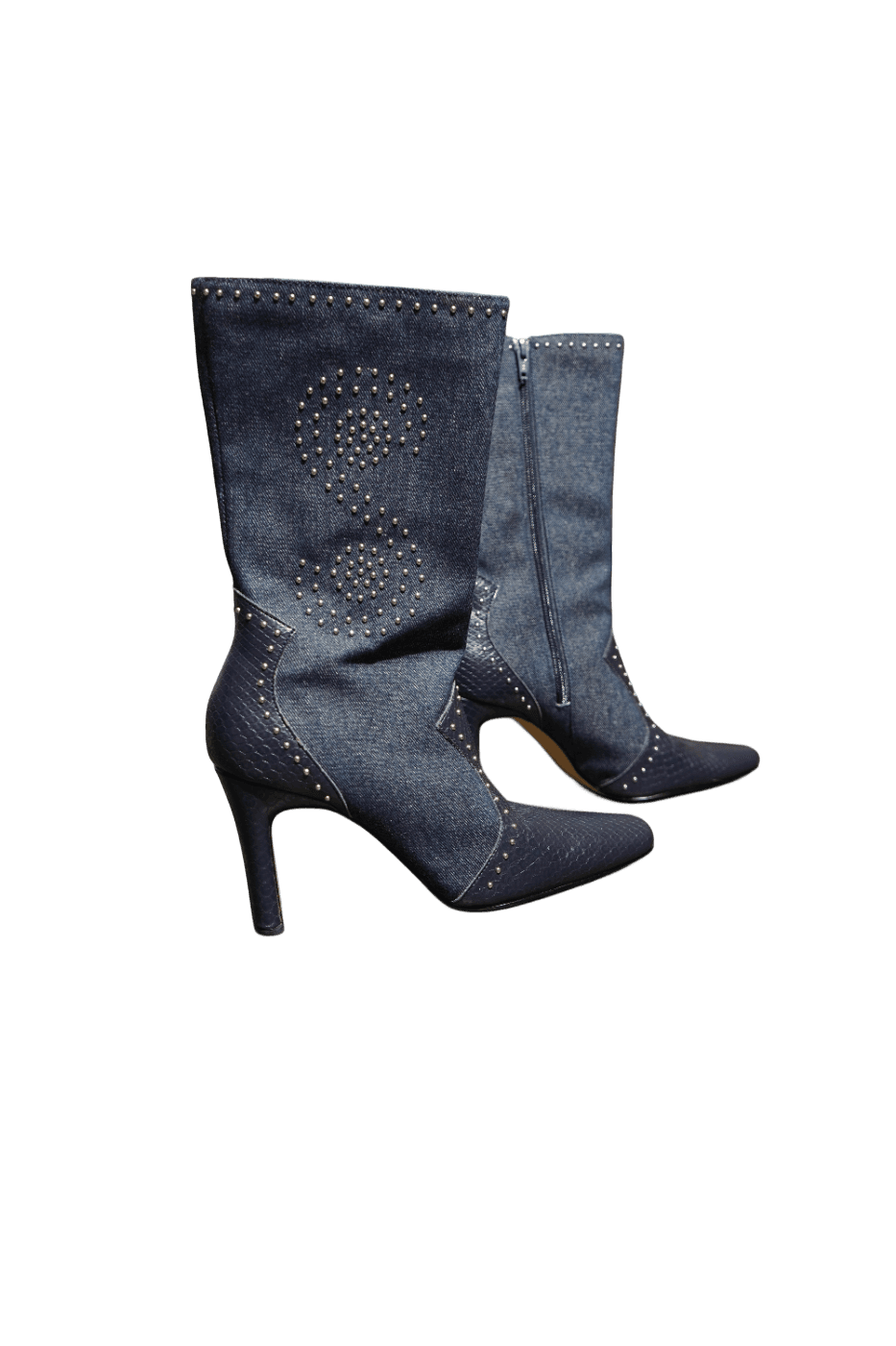 Denim & Dark Reptile Studded Heart Stiletto Boot