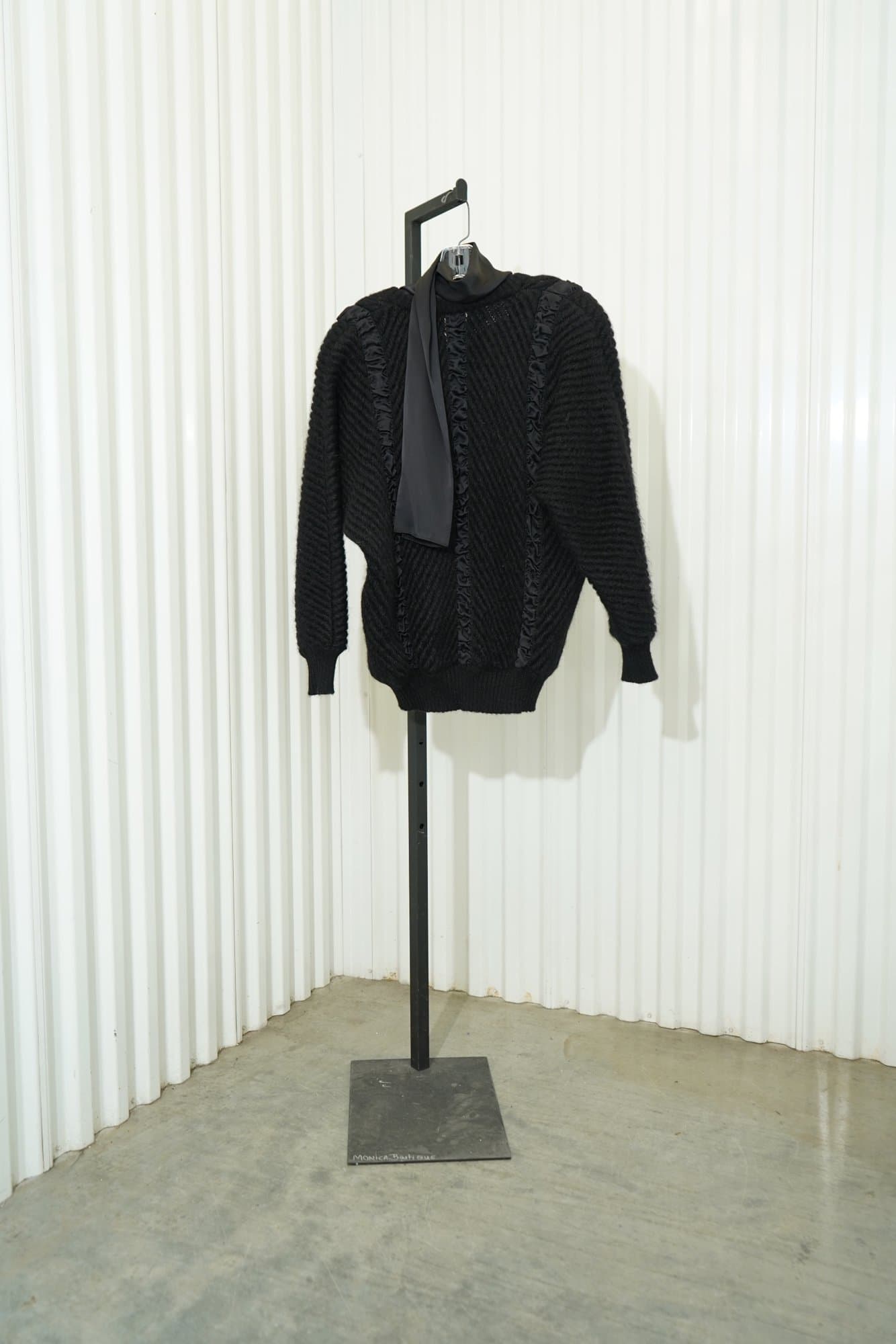 70s Black Ruffle Skilk Trim V Neck Layered Mohair Sweater -- Made in Italy