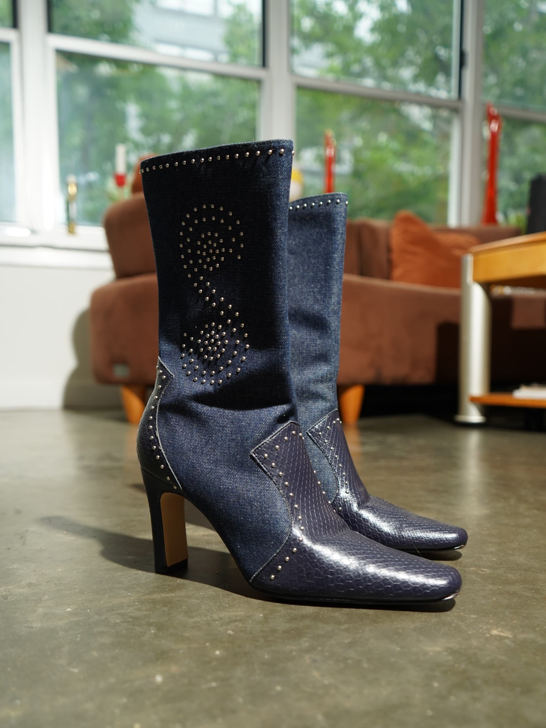 Denim & Dark Reptile Studded Heart Stiletto Boot