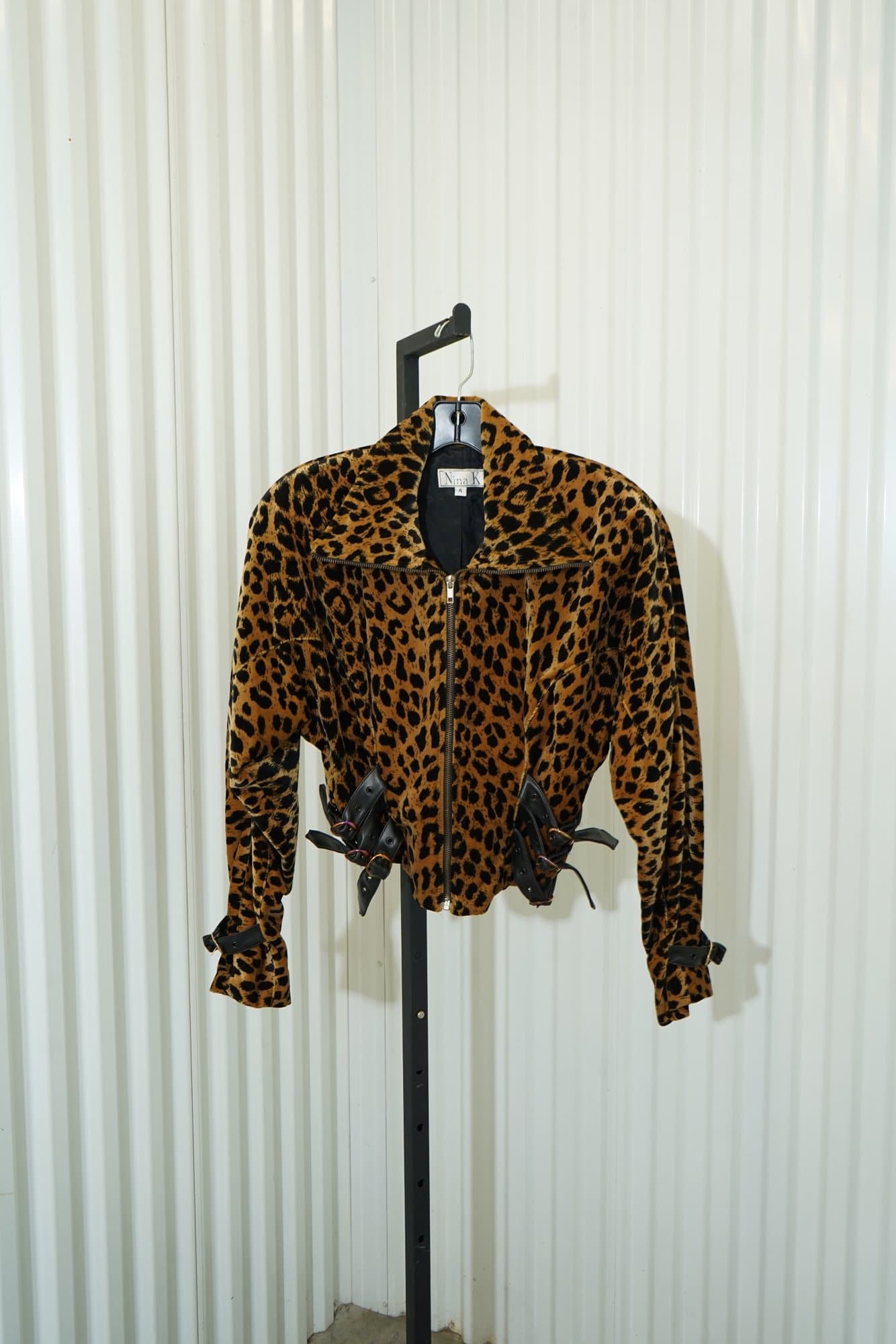 80s Nina K Leopard print tan/gold Motot Jacet with Leather Buckle Peplum