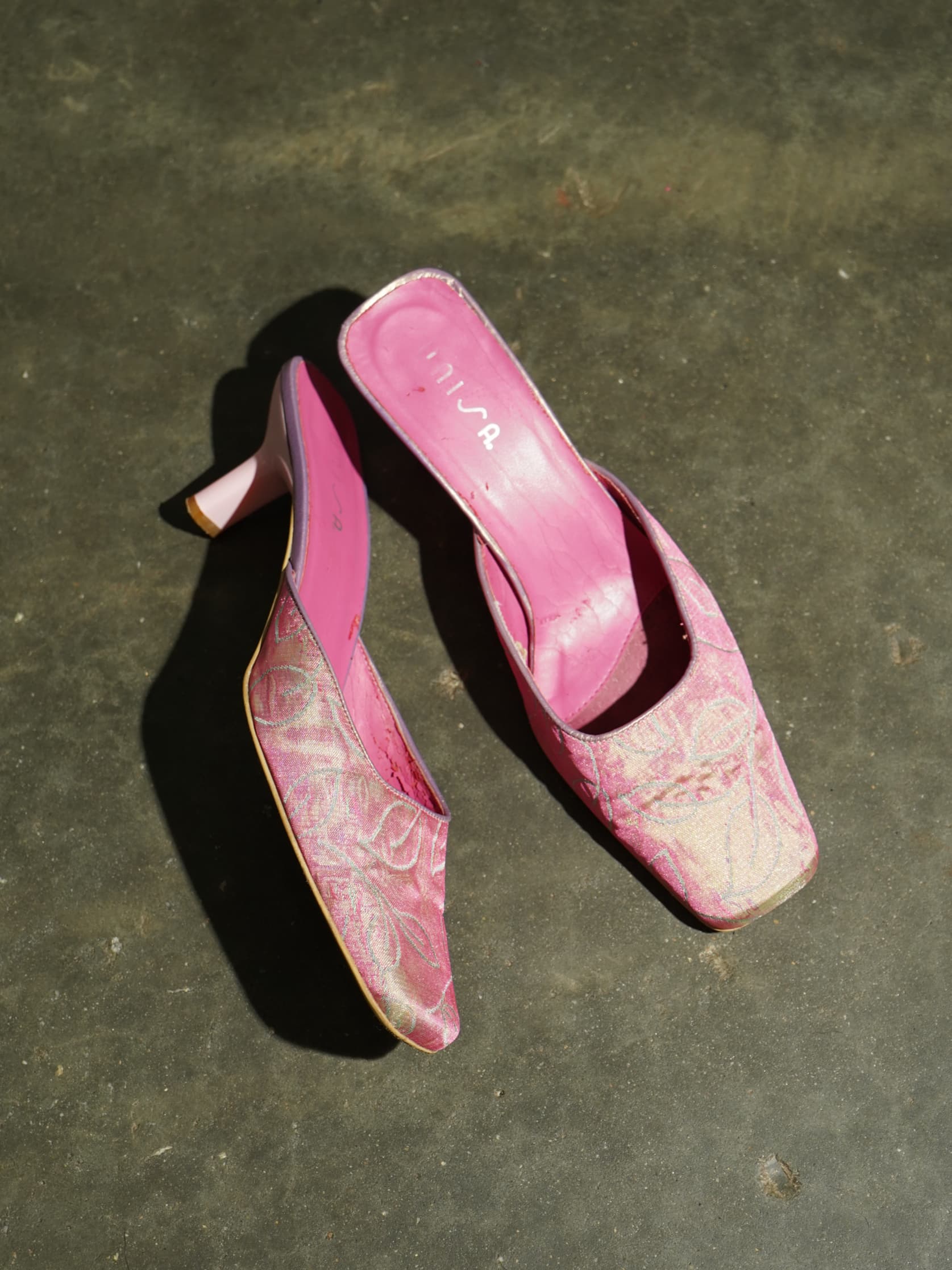 UNISA Pink Brocade Square-Toe Kitten Mule
