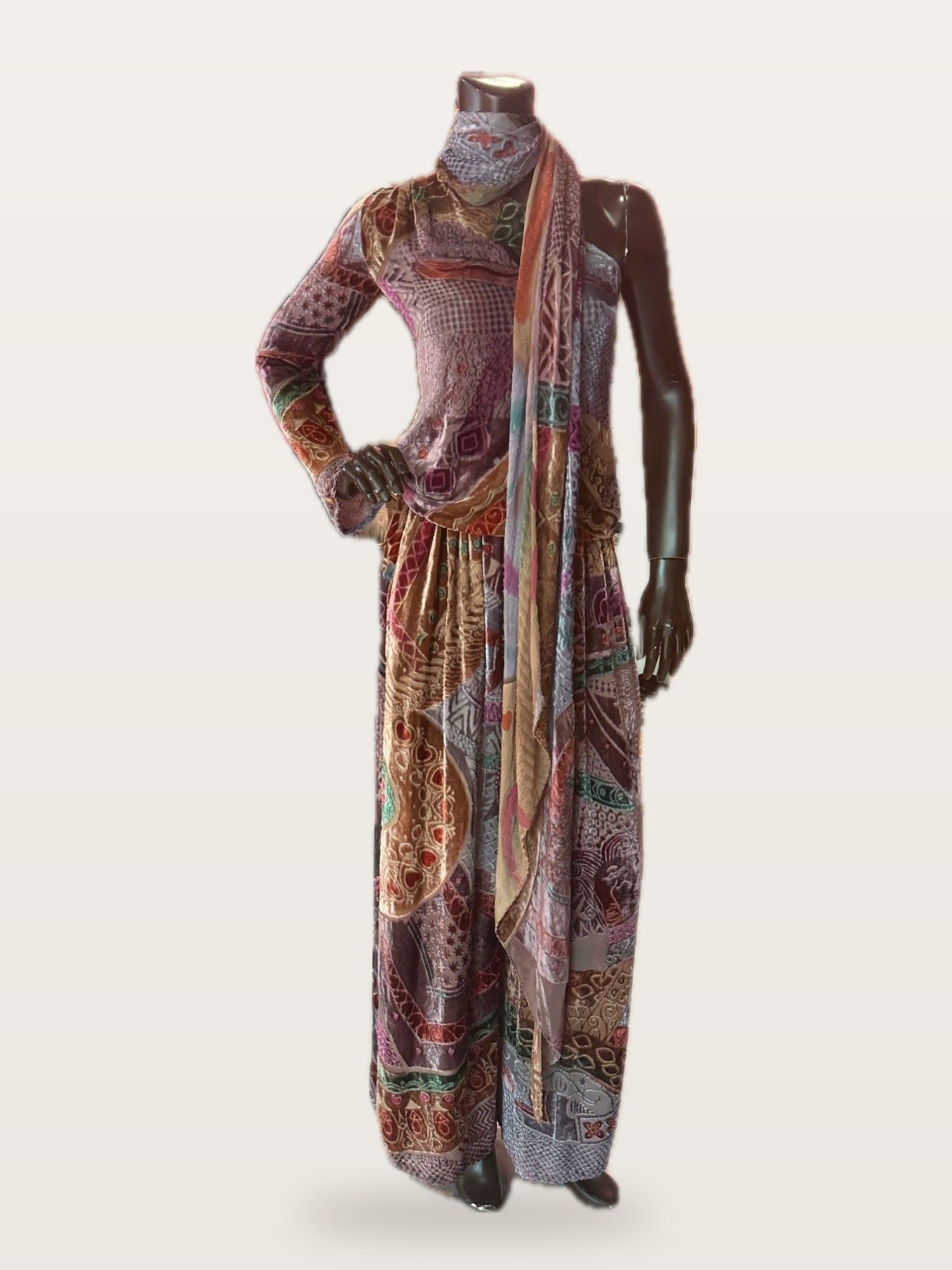 1990s Bill Blass Patchwork Burnout Velvet 3-Piece Set Top, Wide-Leg Pants & Sca…