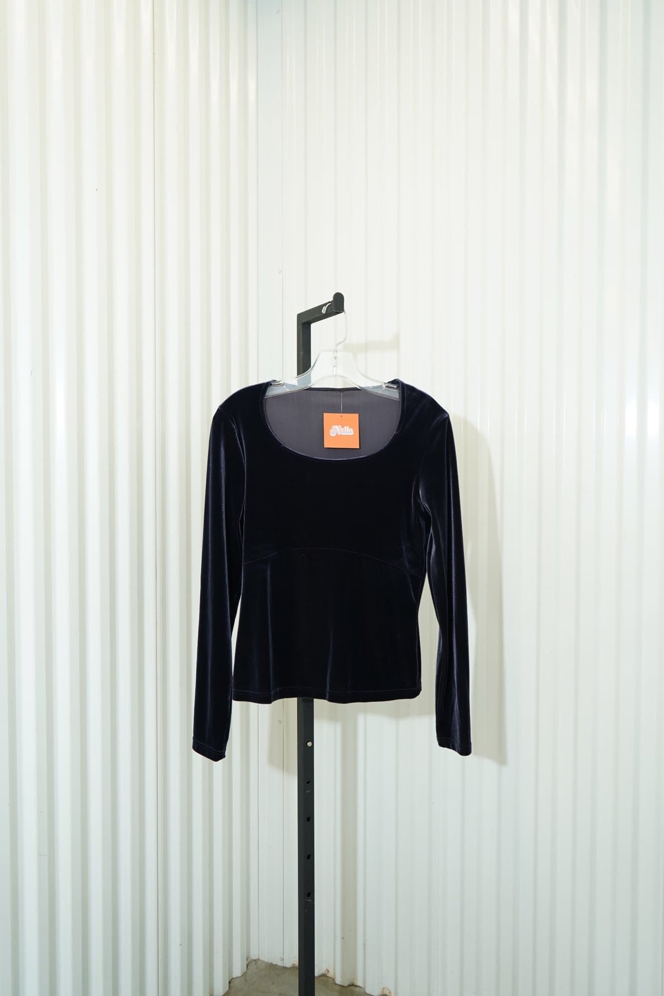90s Mindnight Blue Velvet Peplum Scoop Neck Long Sleeve top