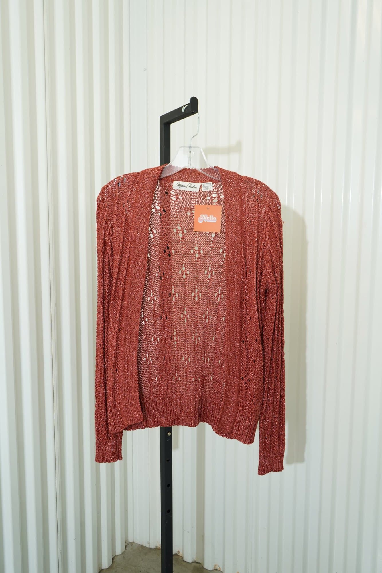 1980s-1990s Marisa Christina vermilion Metallic Acrylic Floral Crochet Long Sle…