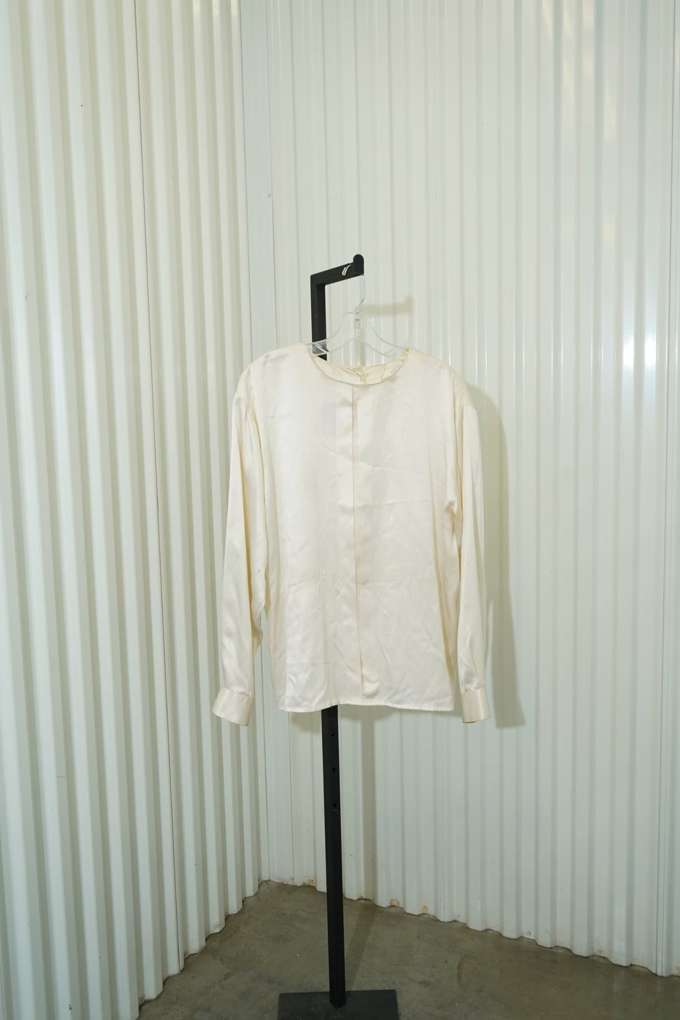 1980's Renzo Realli Ivory Pleated Silk Front Long Sleeve Blouse