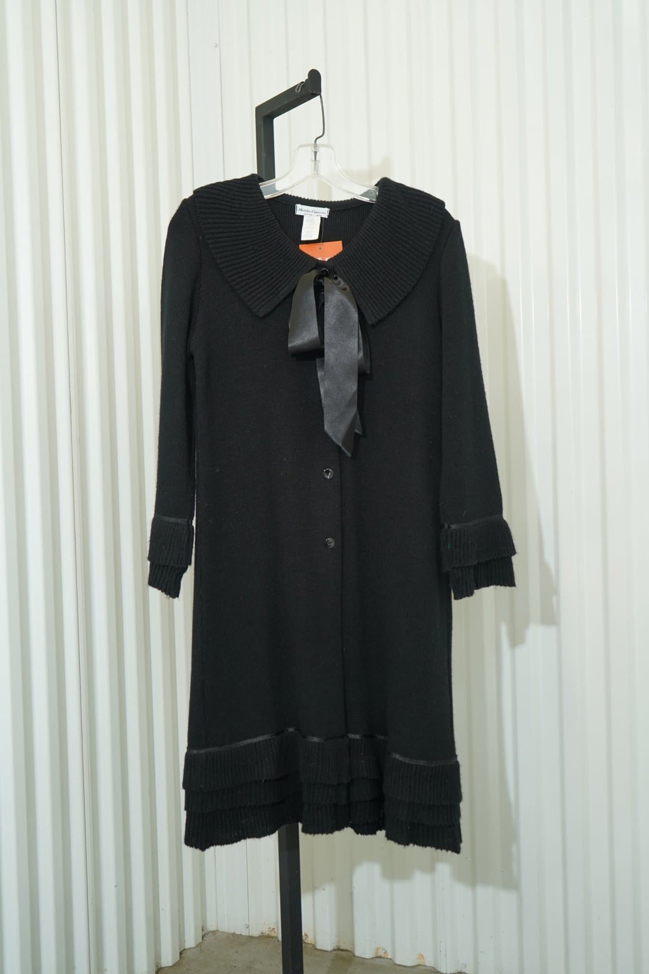 90s Maria Casero Black Satin Ribbon tie Ribbed Layered Trim Cardigan Sweater