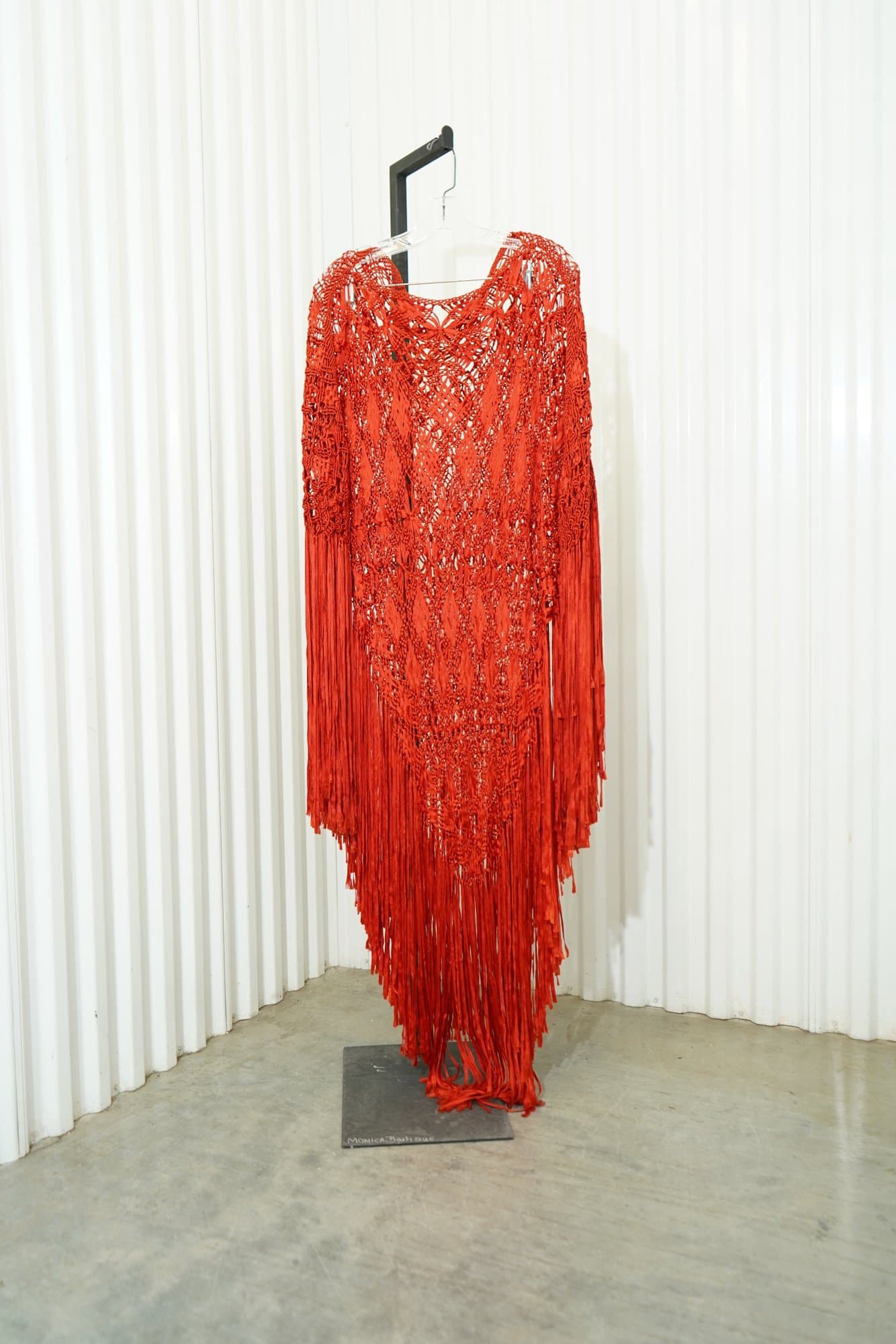 1970 Vintage Silk Macramé Poncho in Cherry Red, Long Fringe