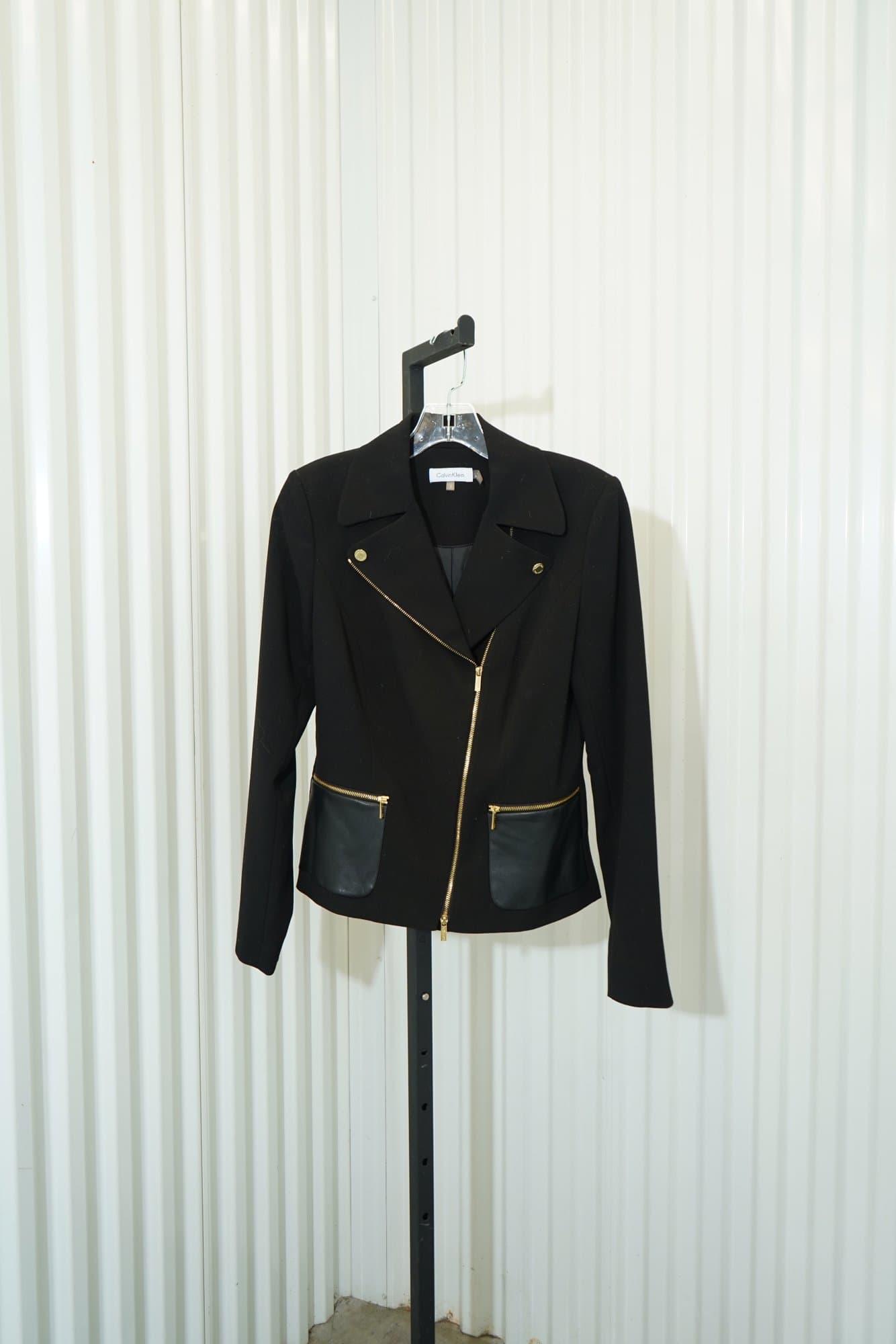 Y2K Calvin Klein Black Moto Jacekt with Aysmmetri gold zip welt pockets