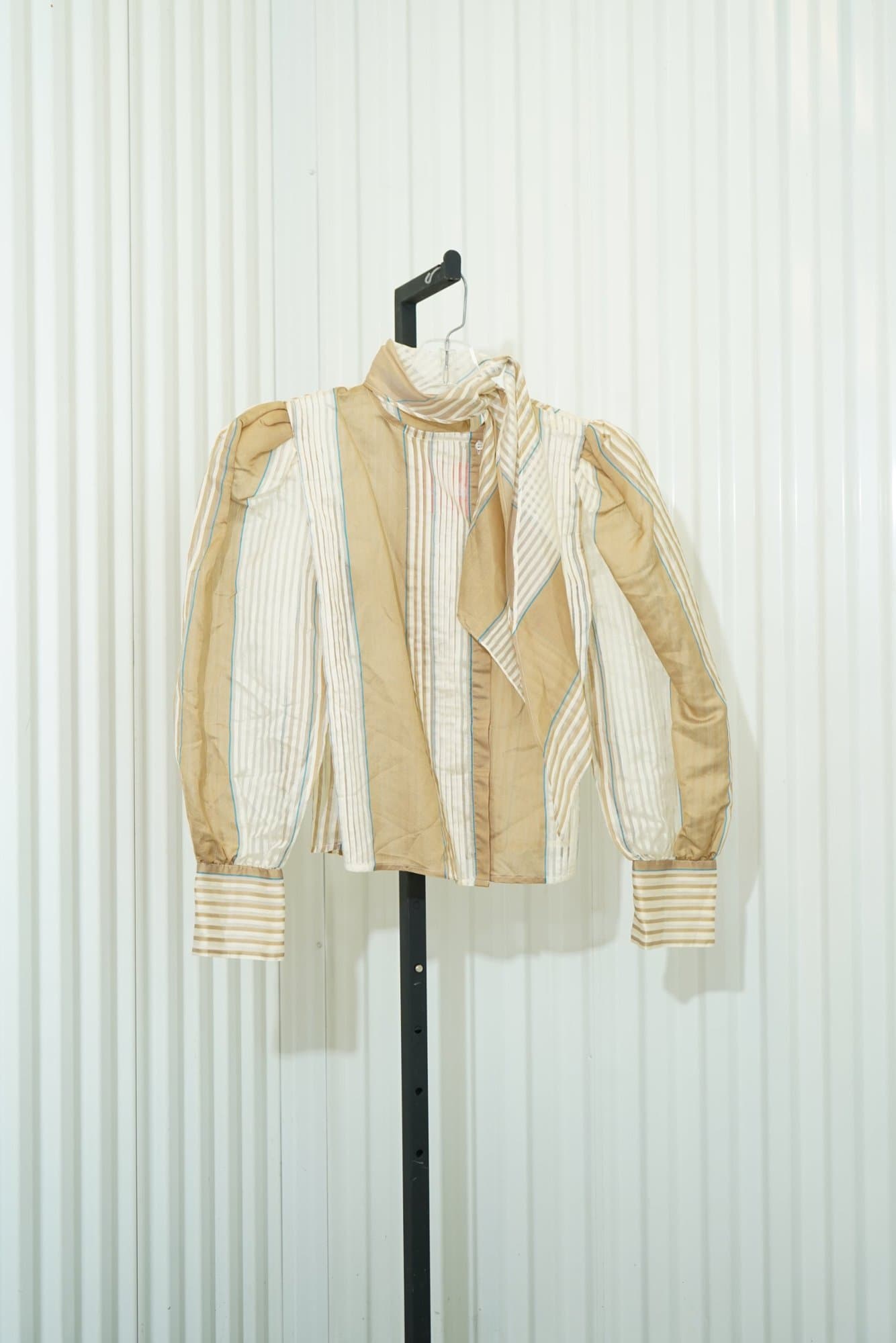 MALBE 1970s Mable Gold/Cream Sheer Striped Pesant Sleeve Tie Neck Blouse